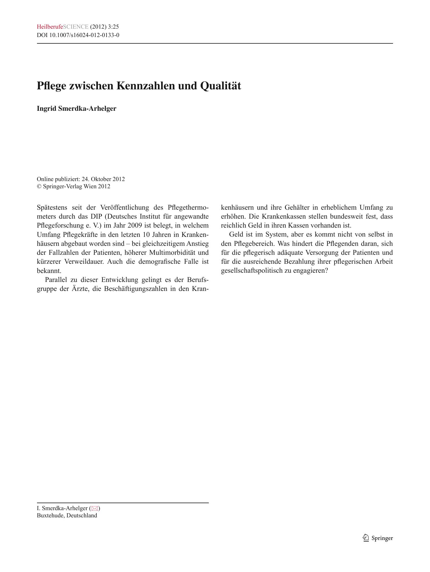 Vorschauseite 1: Pflege zwischen Kennzahlen und Qualität
