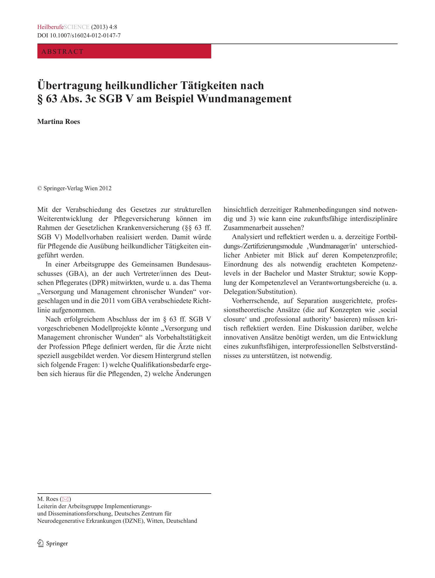 Vorschauseite 1: Übertragung heilkundlicher Tätigkeiten nach § 63 Abs. 3c SGB V am Beispiel Wundmanagement