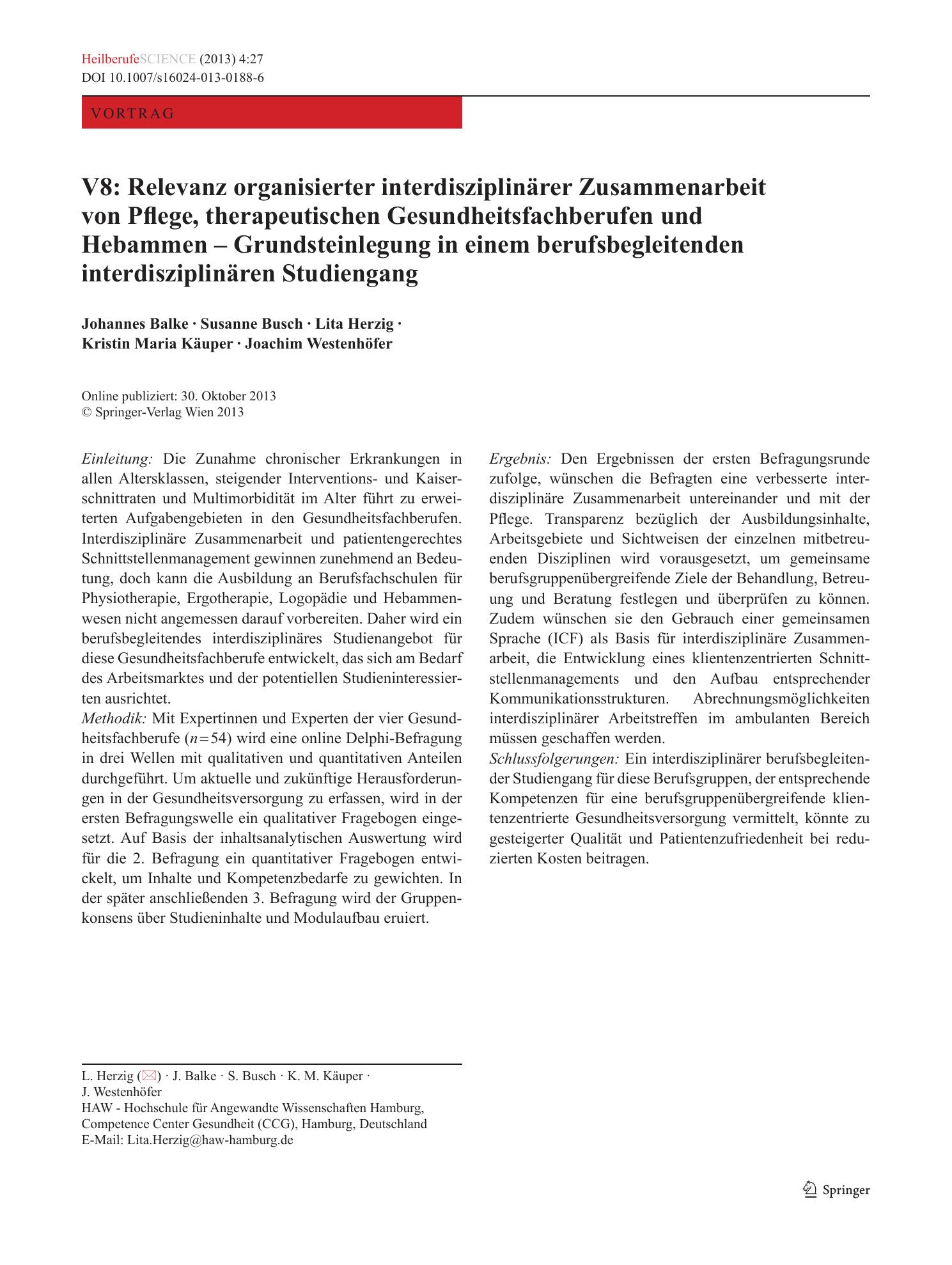 Vorschauseite 1: V8: Relevanz organisierter interdisziplinärer Zusammenarbeit von Pflege, therapeutischen Gesundheitsfachberufen und Hebammen – Grundsteinlegung in einem berufsbegleitenden interdi…