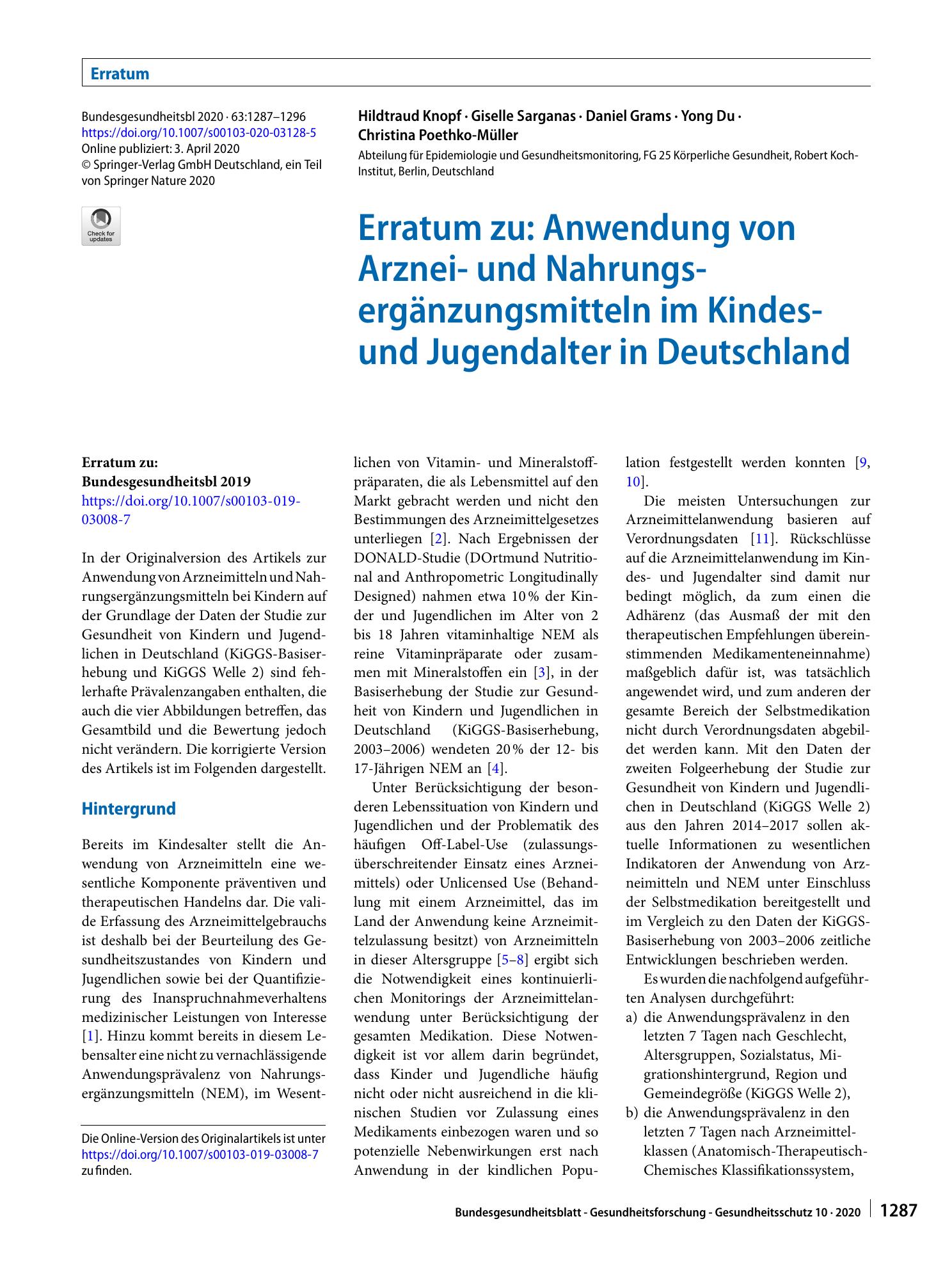 Vorschauseite 1: Erratum zu: Anwendung von Arznei- und Nahrungsergänzungsmitteln im Kindes- und Jugendalter in Deutschland