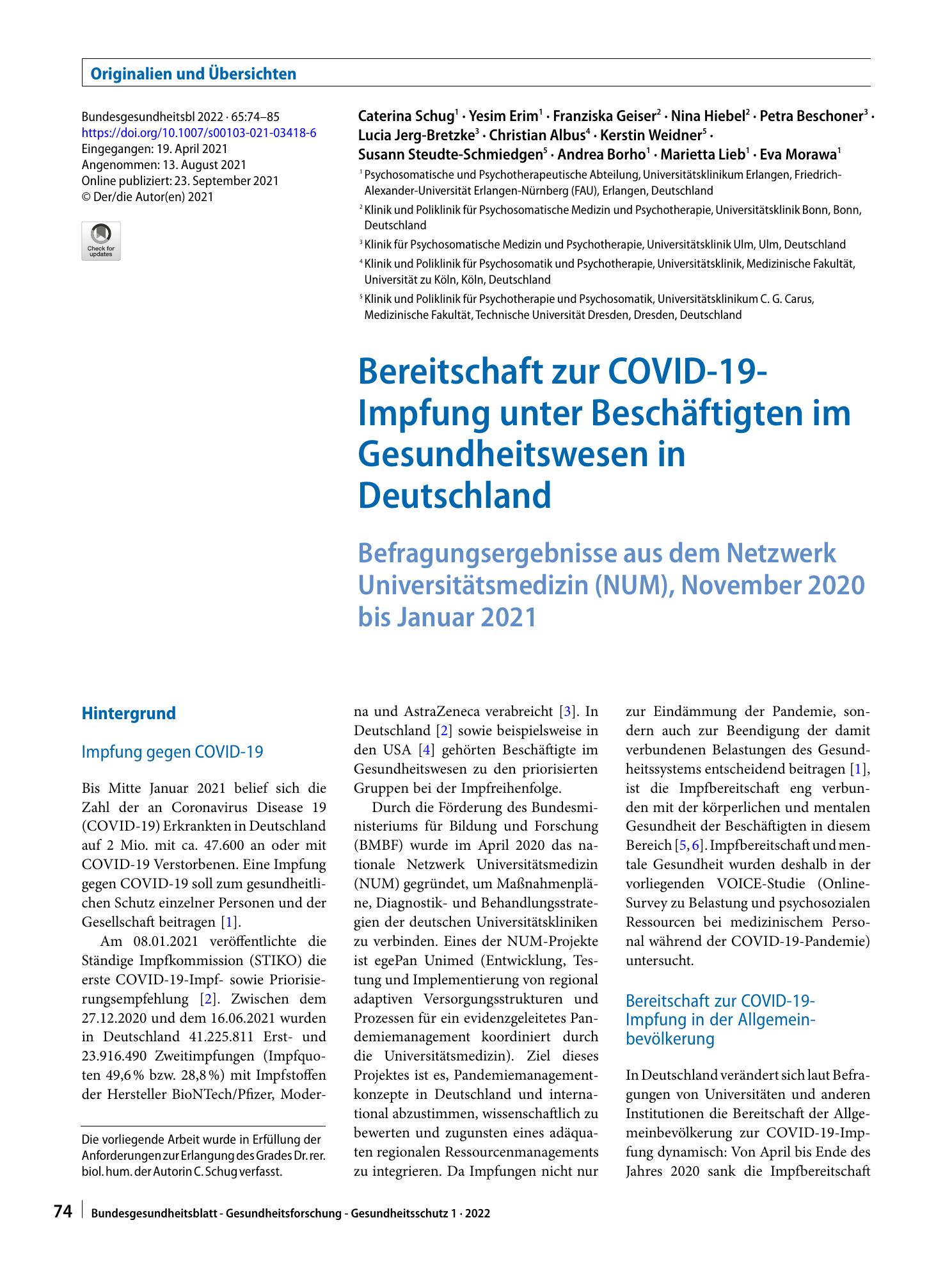 Vorschauseite 1: Bereitschaft zur COVID-19-Impfung unter Beschäftigten im Gesundheitswesen in Deutschland