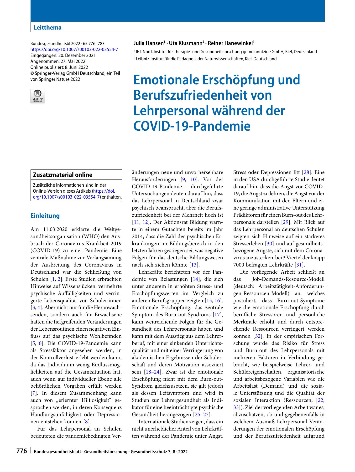 Vorschauseite 1: Emotionale Erschöpfung und Berufszufriedenheit von Lehrpersonal während der COVID-19-Pandemie