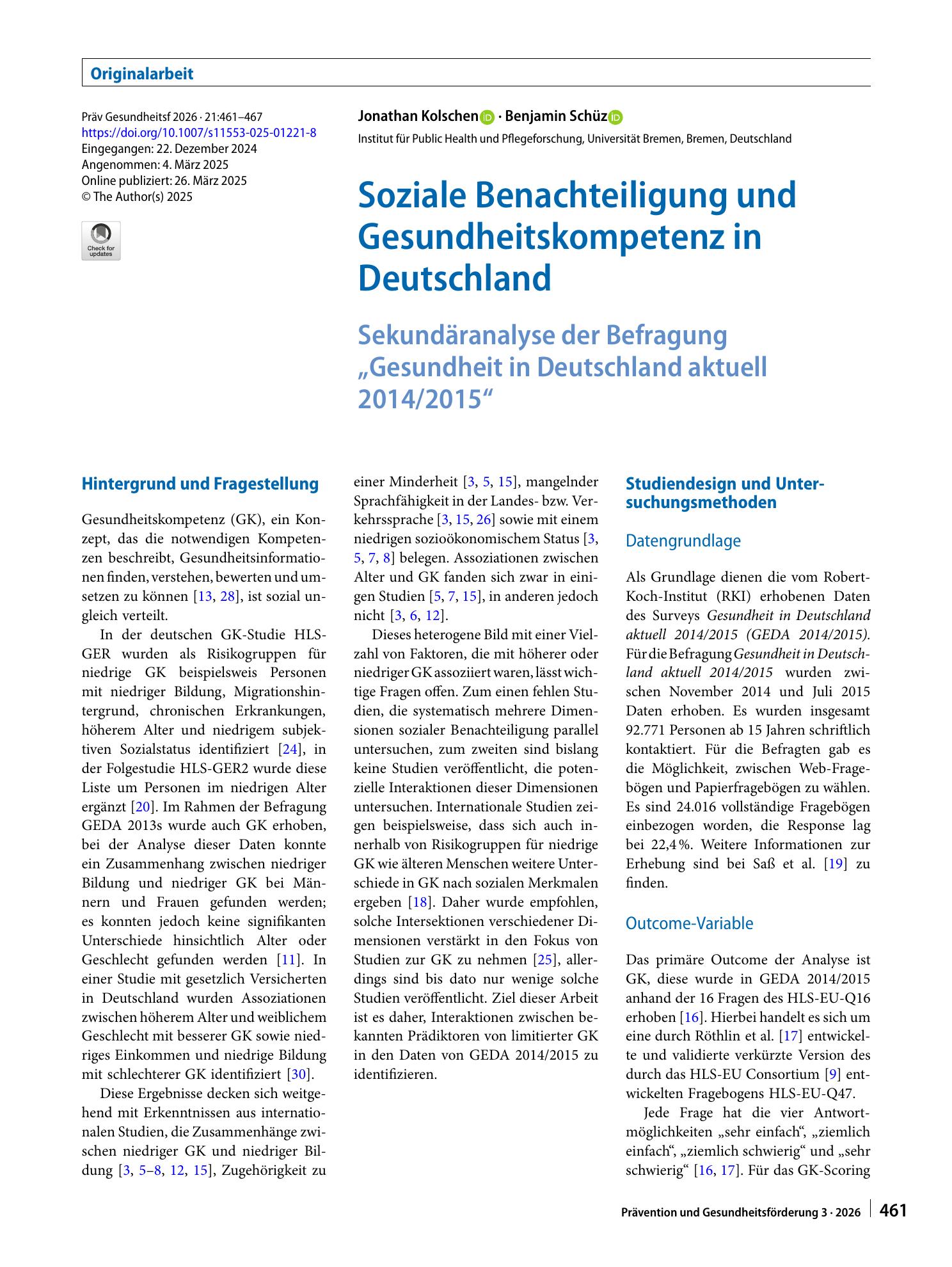 Vorschauseite 1: Soziale Benachteiligung und Gesundheitskompetenz in Deutschland