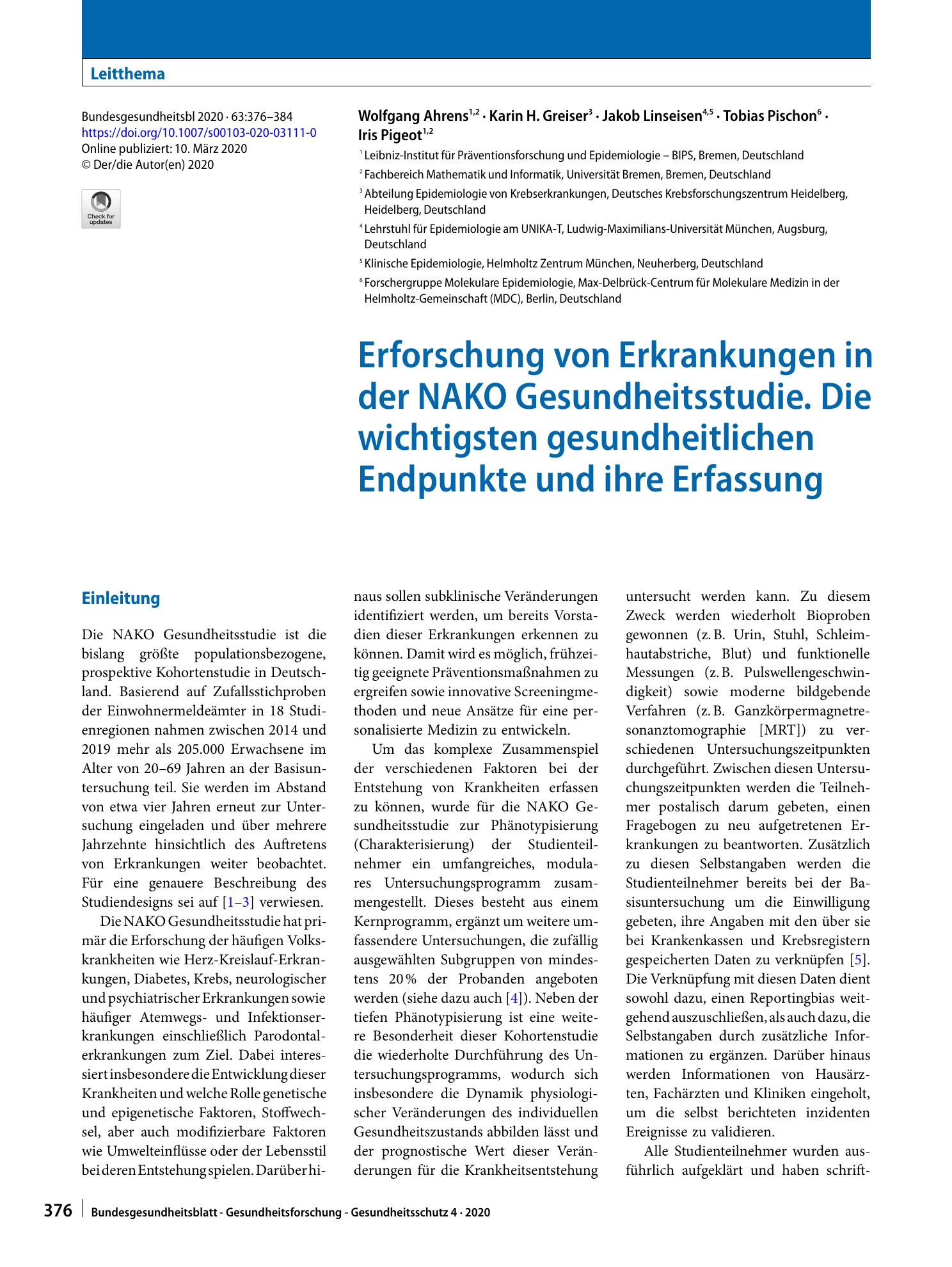 Vorschauseite 1: Erforschung von Erkrankungen in der NAKO Gesundheitsstudie. Die wichtigsten gesundheitlichen Endpunkte und ihre Erfassung