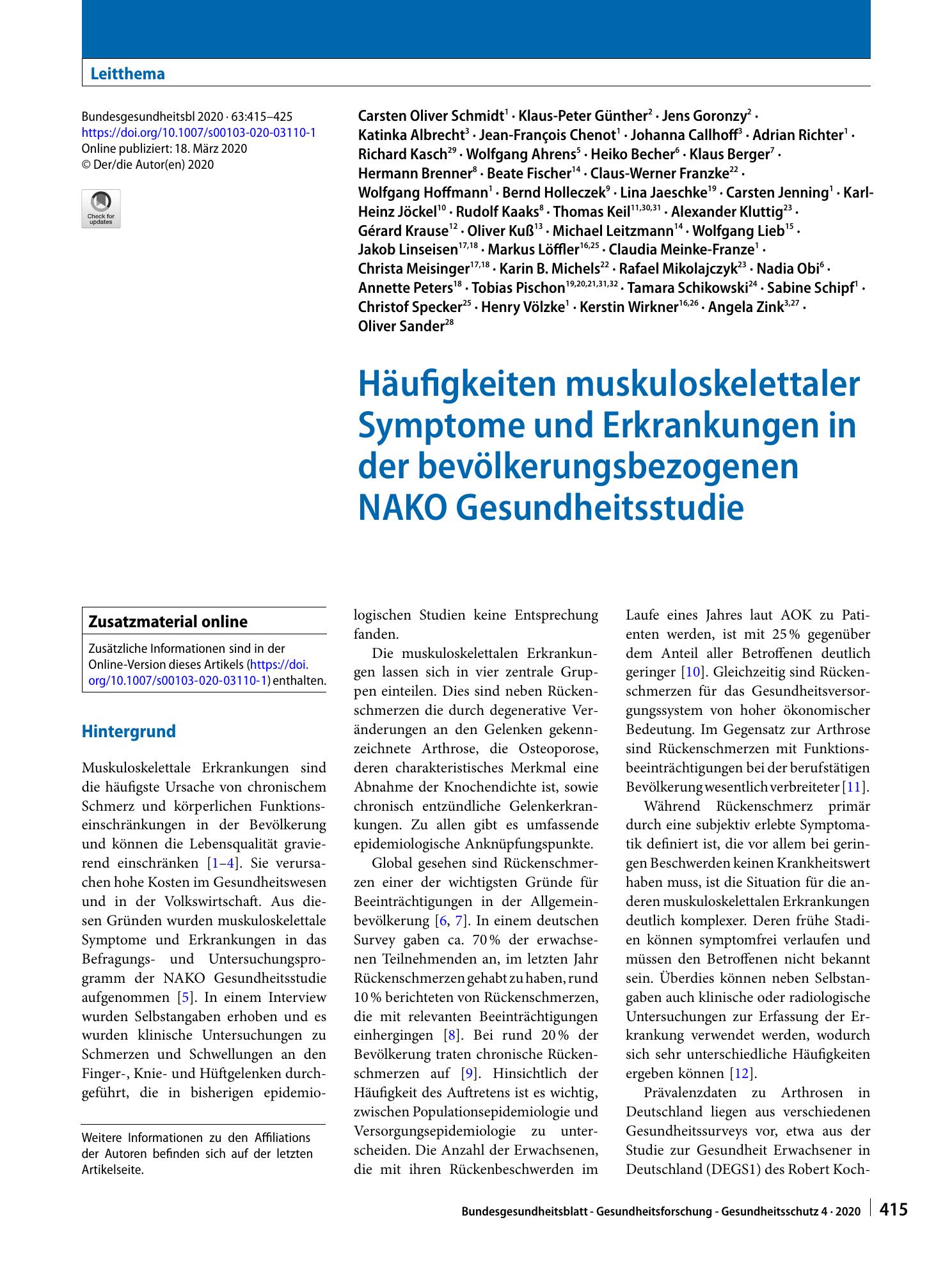 Vorschauseite 1: Häufigkeiten muskuloskelettaler Symptome und Erkrankungen in der bevölkerungsbezogenen NAKO Gesundheitsstudie