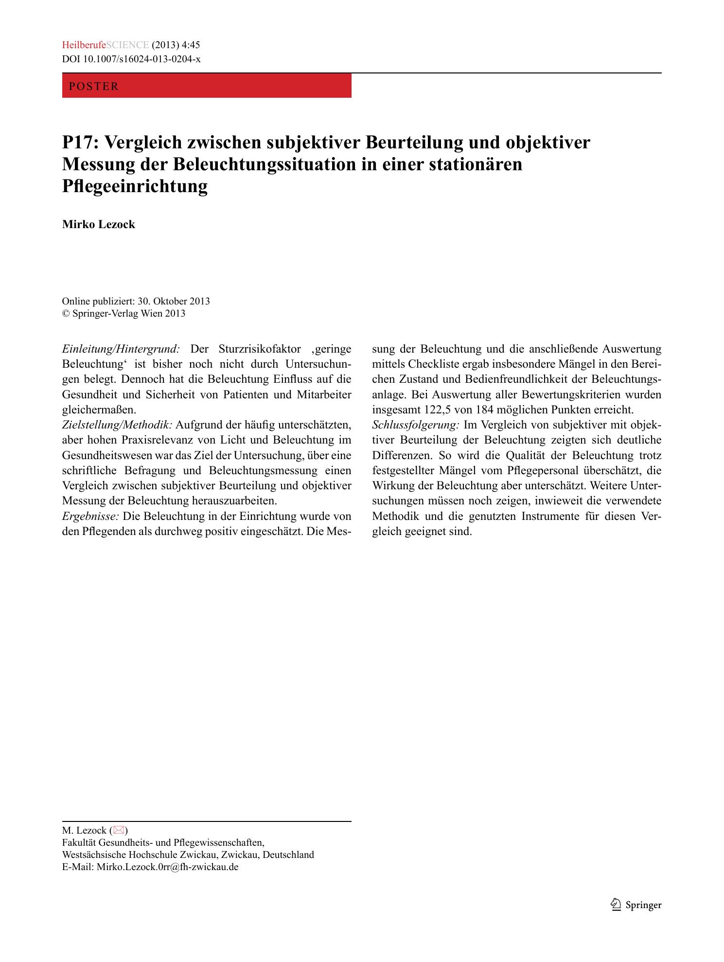 Vorschauseite 1: P17: Vergleich zwischen subjektiver Beurteilung und objektiver Messung der Beleuchtungssituation in einer stationären Pflegeeinrichtung
