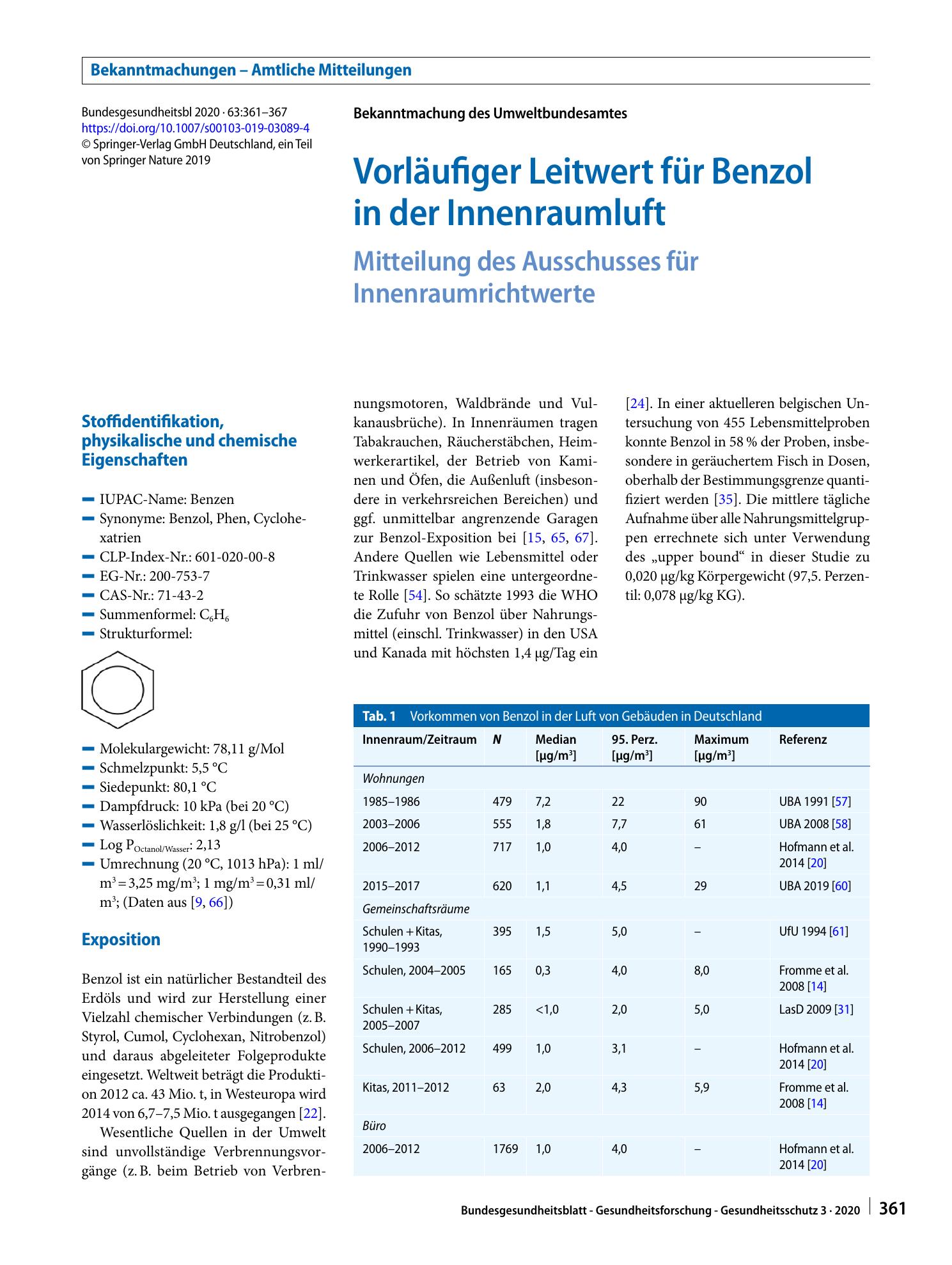 Vorschauseite 1: Vorläufiger Leitwert für Benzol in der Innenraumluft