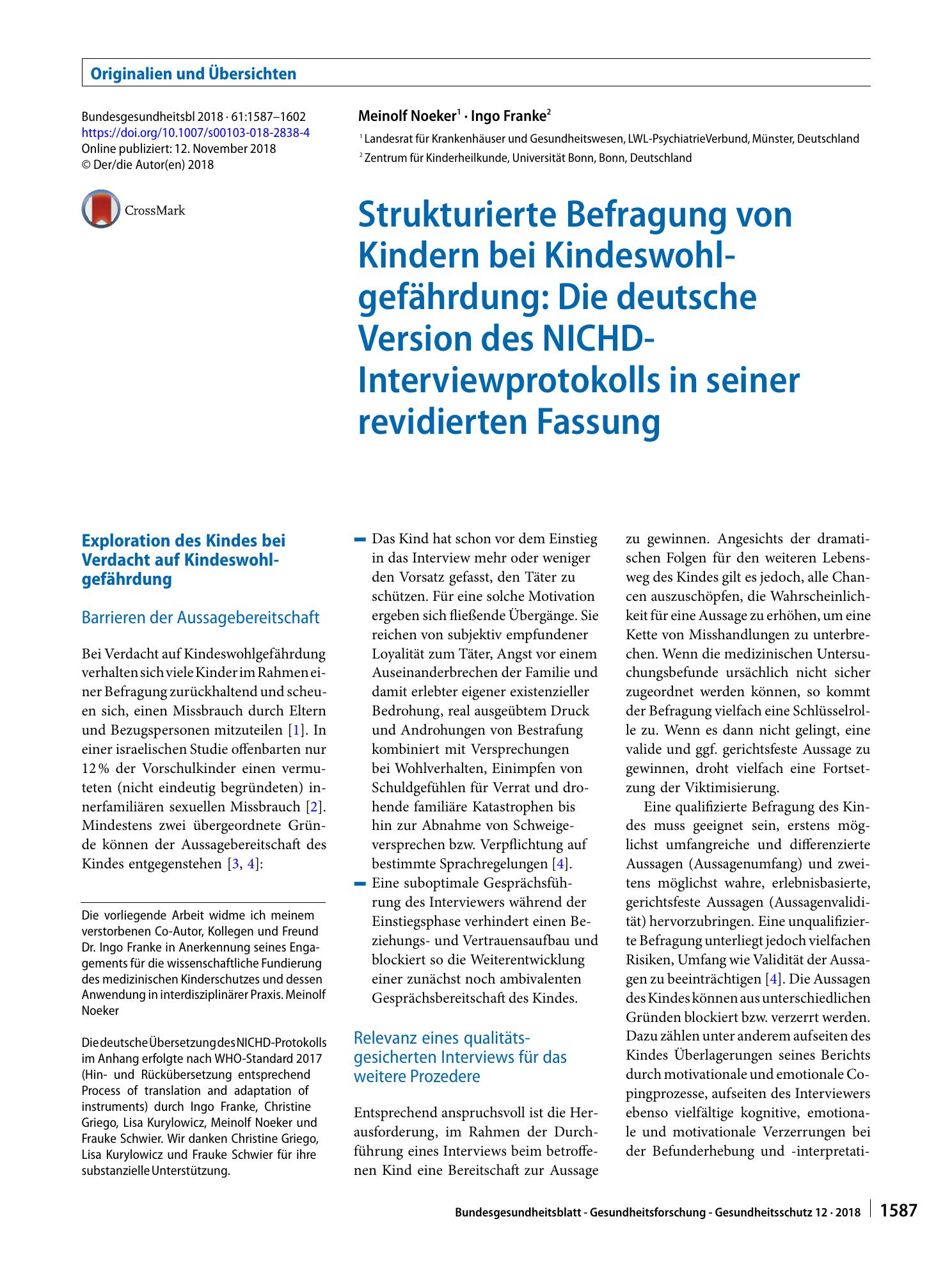 Vorschauseite 1: Strukturierte Befragung von Kindern bei Kindeswohlgefährdung: Die deutsche Version des NICHD-Interviewprotokolls in seiner revidierten Fassung