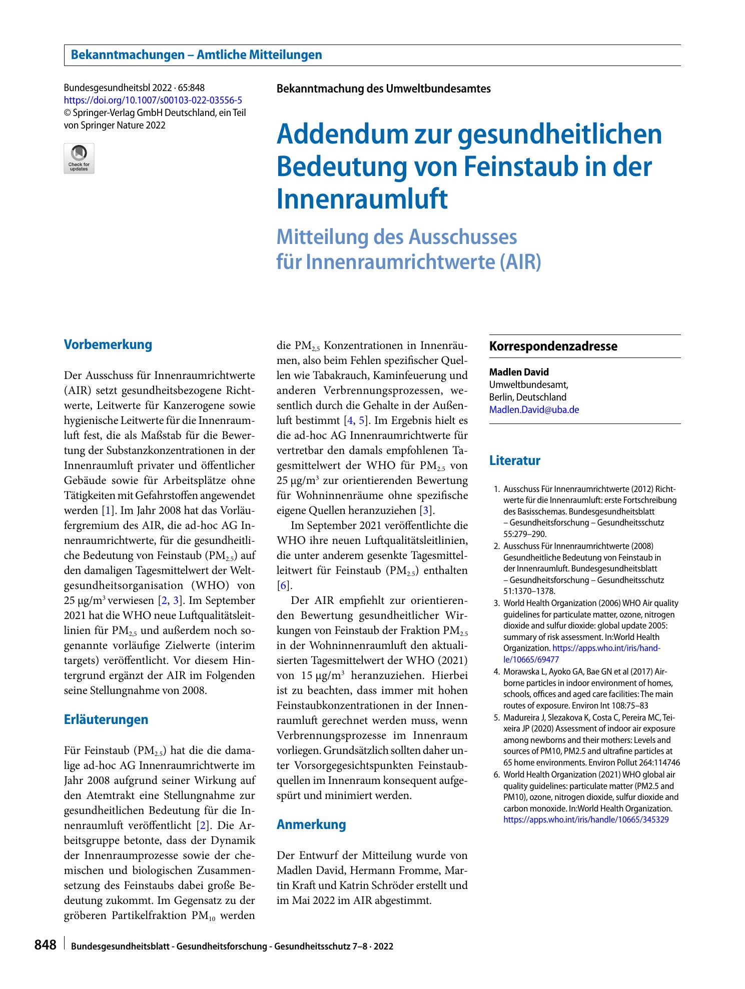 Vorschauseite 1: Addendum zur gesundheitlichen Bedeutung von Feinstaub in der Innenraumluft