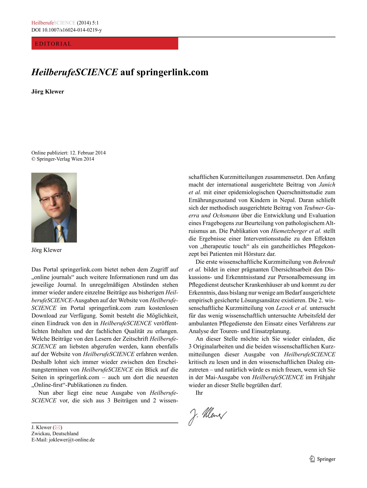 Vorschauseite 1: HeilberufeSCIENCE auf springerlink.com