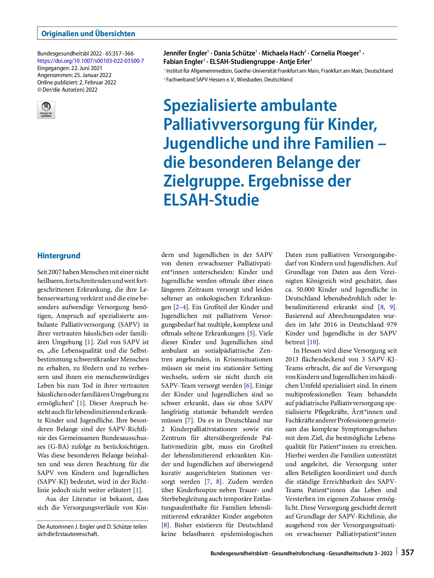 Vorschauseite 1: Spezialisierte ambulante Palliativversorgung für Kinder, Jugendliche und ihre Familien – die besonderen Belange der Zielgruppe. Ergebnisse der ELSAH-Studie