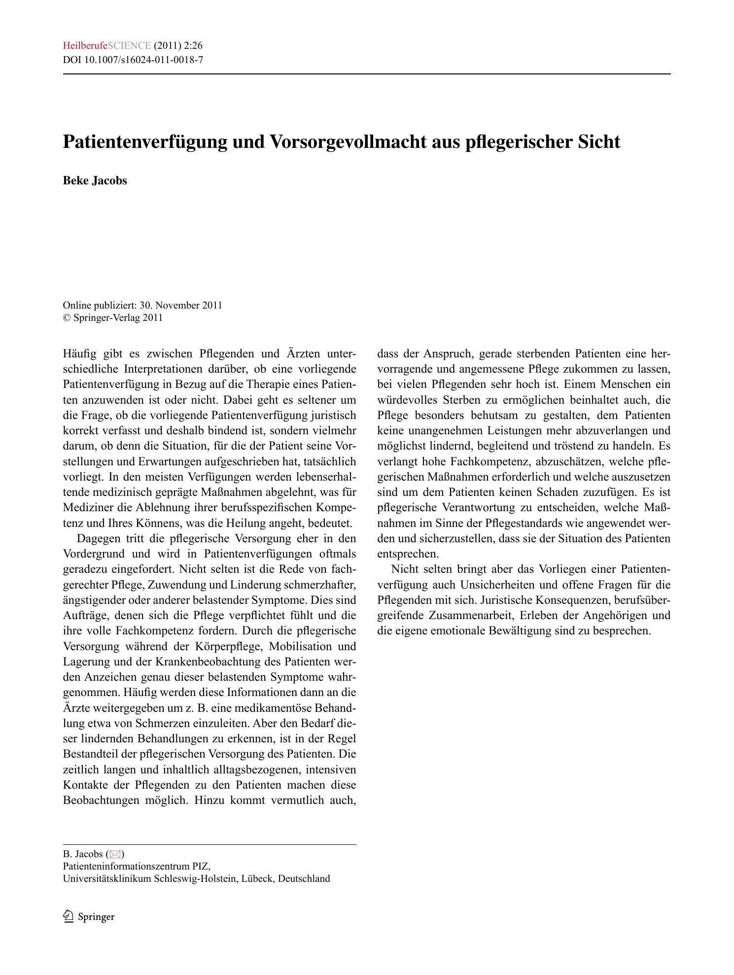 Vorschauseite 1: Patientenverfügung und Vorsorgevollmacht aus pflegerischer Sicht