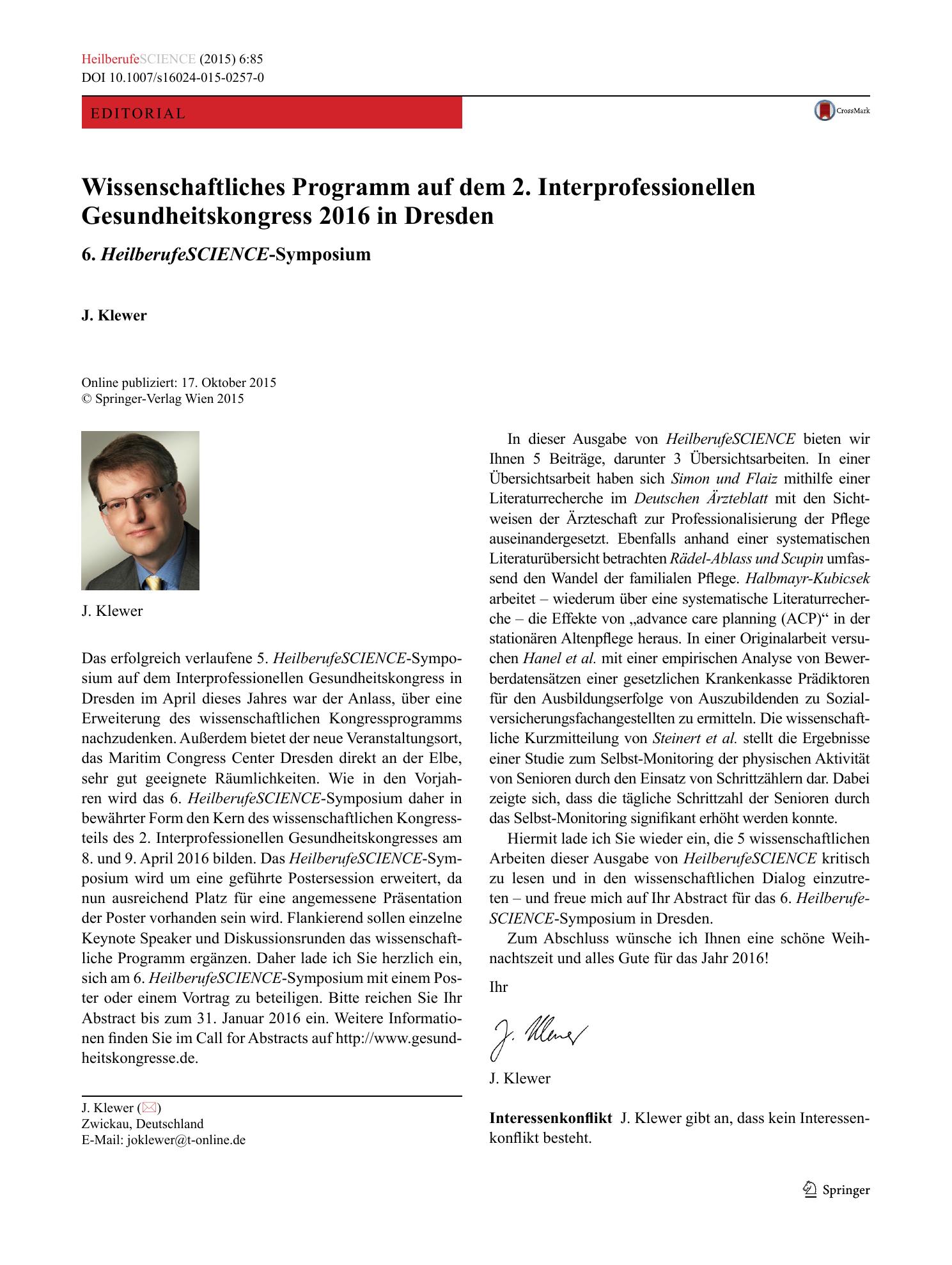 Vorschauseite 1: Wissenschaftliches Programm auf dem 2. Interprofessionellen Gesundheitskongress 2016 in Dresden