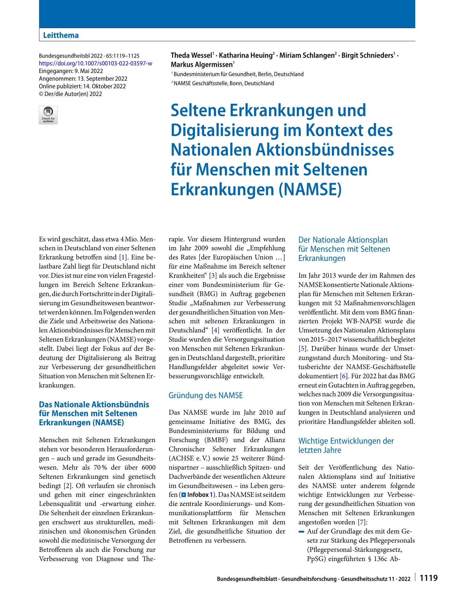 Vorschauseite 1: Seltene Erkrankungen und Digitalisierung im Kontext des Nationalen Aktionsbündnisses für Menschen mit Seltenen Erkrankungen (NAMSE)
