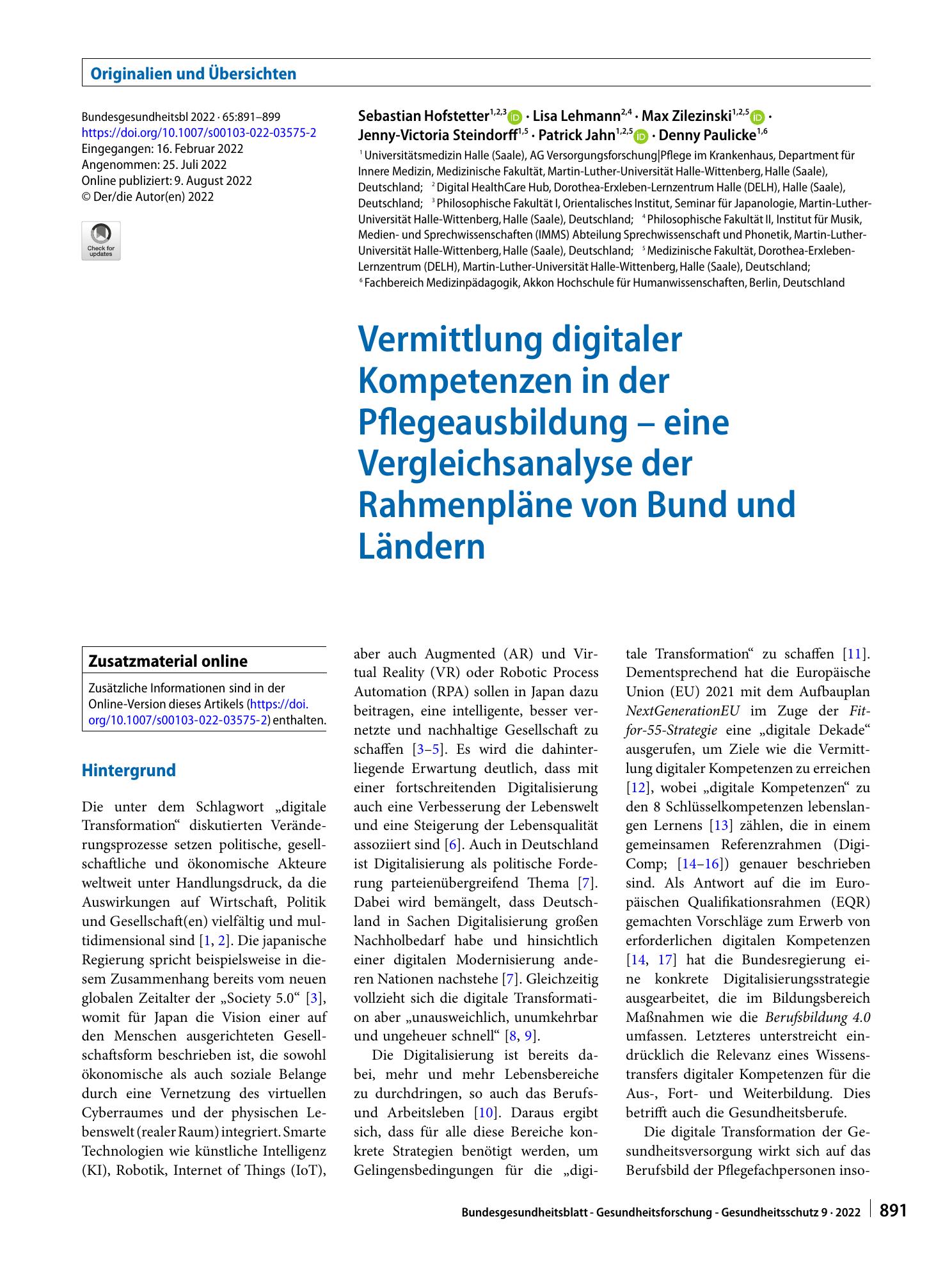 Vorschauseite 1: Vermittlung digitaler Kompetenzen in der Pflegeausbildung – eine Vergleichsanalyse der Rahmenpläne von Bund und Ländern
