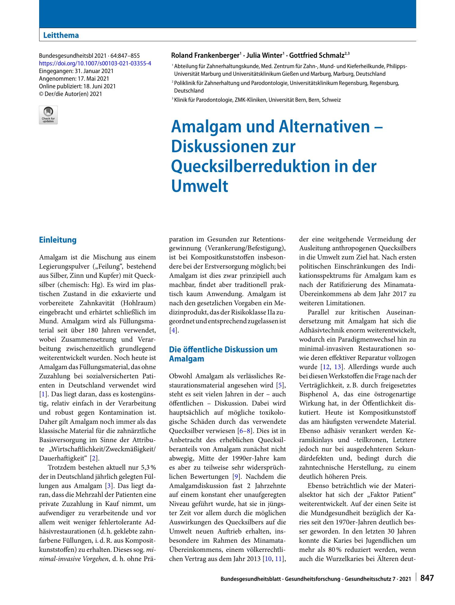 Vorschauseite 1: Amalgam und Alternativen – Diskussionen zur Quecksilberreduktion in der Umwelt