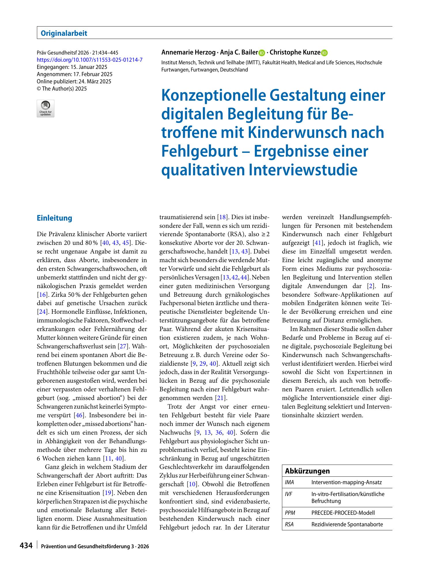Vorschauseite 1: Konzeptionelle Gestaltung einer digitalen Begleitung für Betroffene mit Kinderwunsch nach Fehlgeburt – Ergebnisse einer qualitativen Interviewstudie