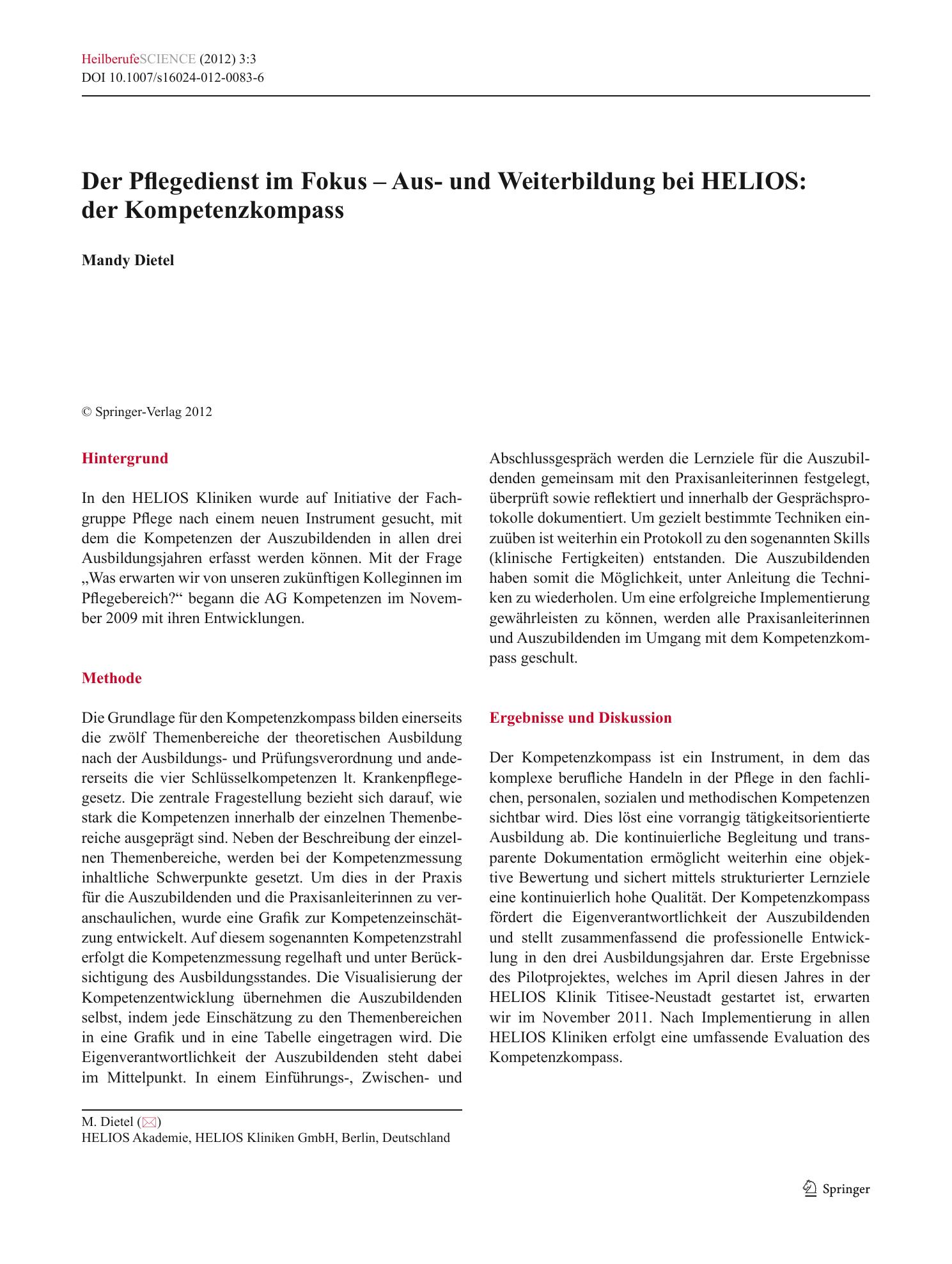 Vorschauseite 1: Der Pflegedienst im Fokus – Aus- und Weiterbildung bei HELIOS: der Kompetenzkompass