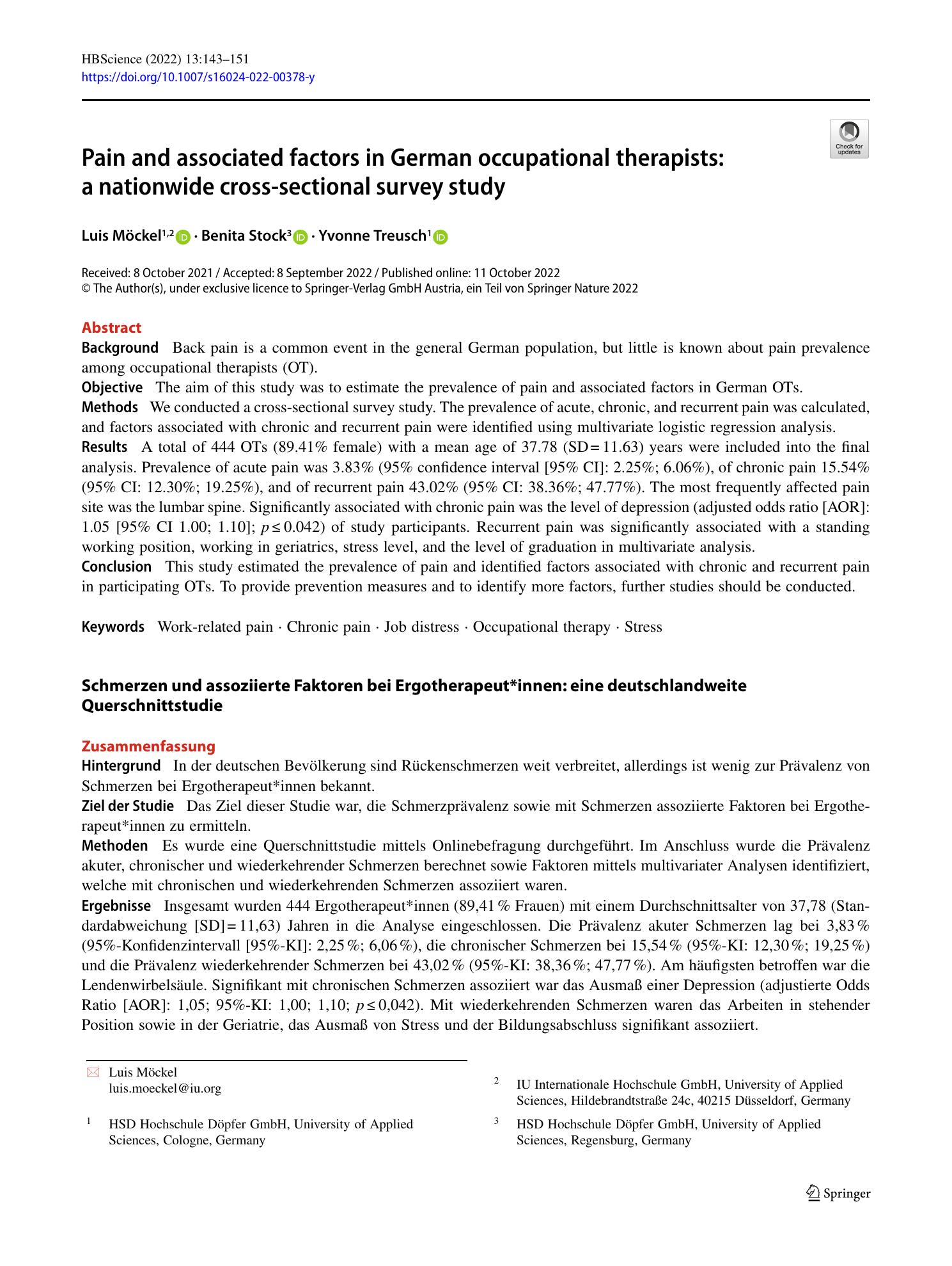 Vorschauseite 1: Pain and associated factors in German occupational therapists: a nationwide cross-sectional survey study