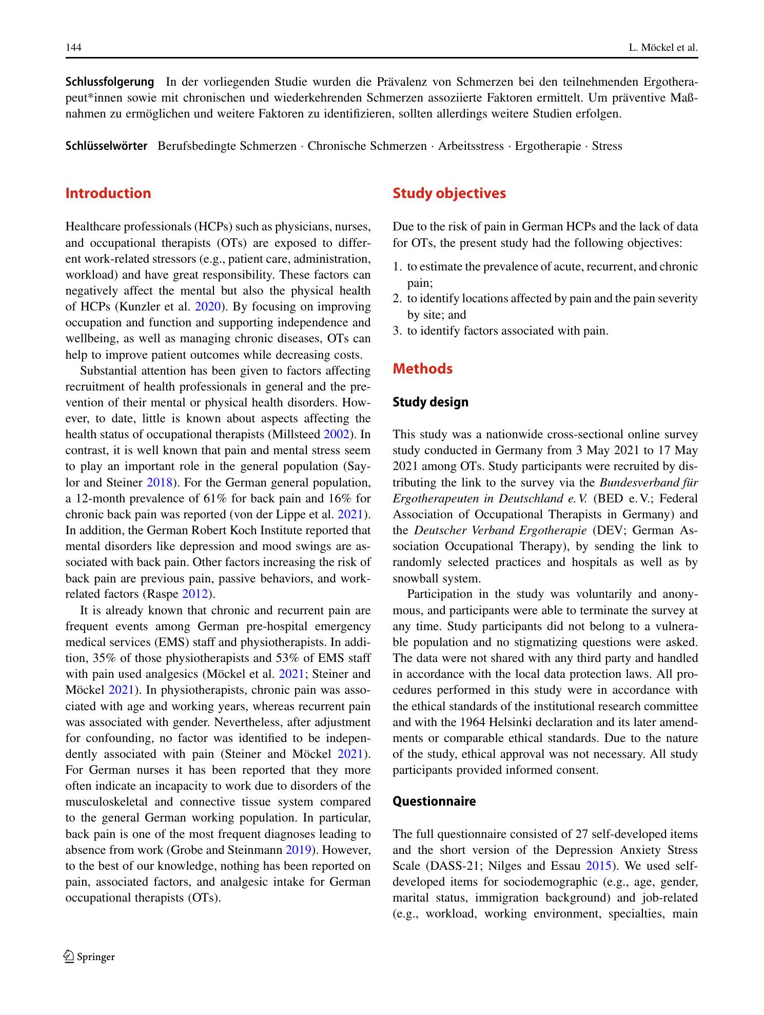 Vorschauseite 2: Pain and associated factors in German occupational therapists: a nationwide cross-sectional survey study