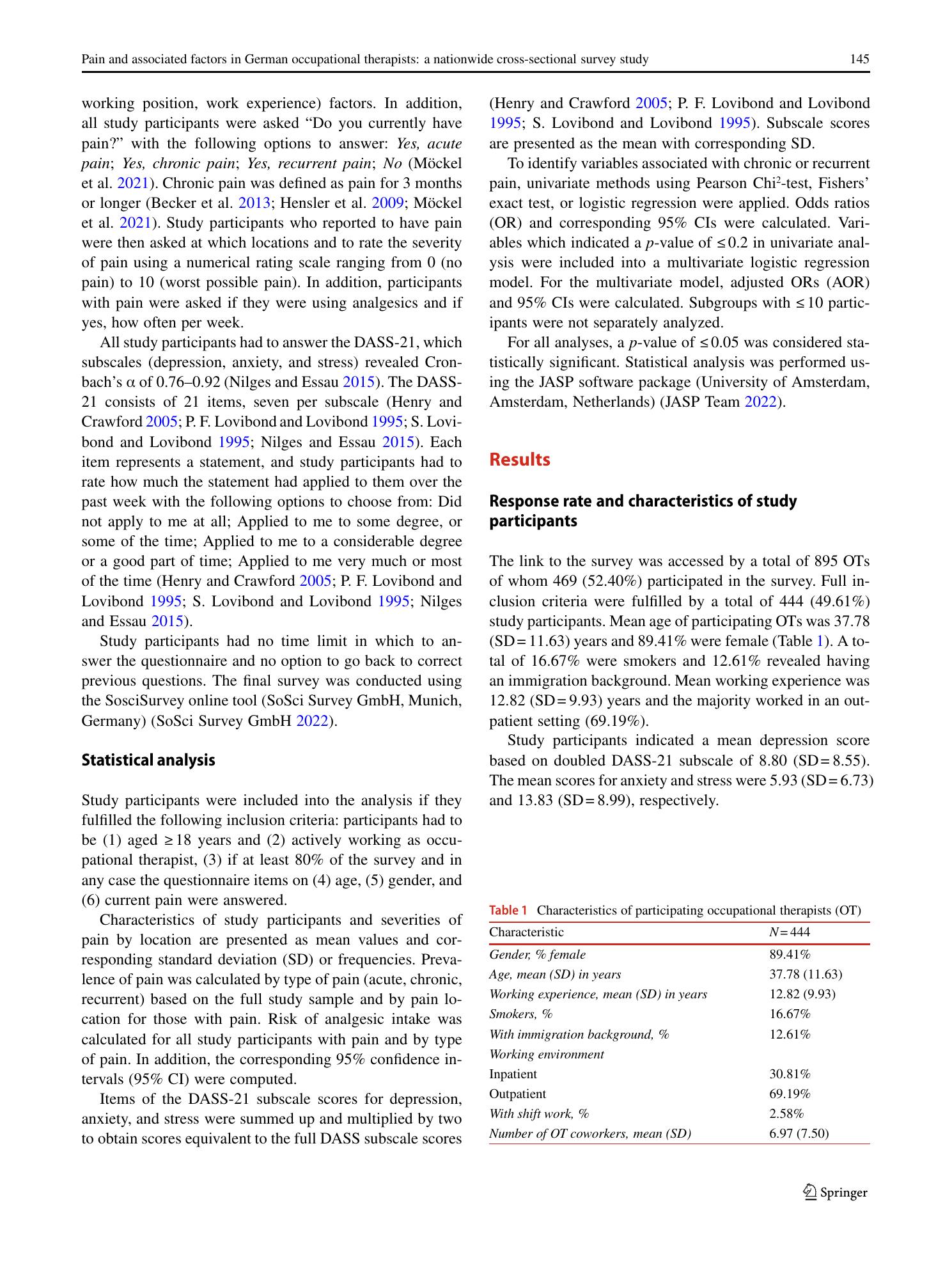 Vorschauseite 3: Pain and associated factors in German occupational therapists: a nationwide cross-sectional survey study