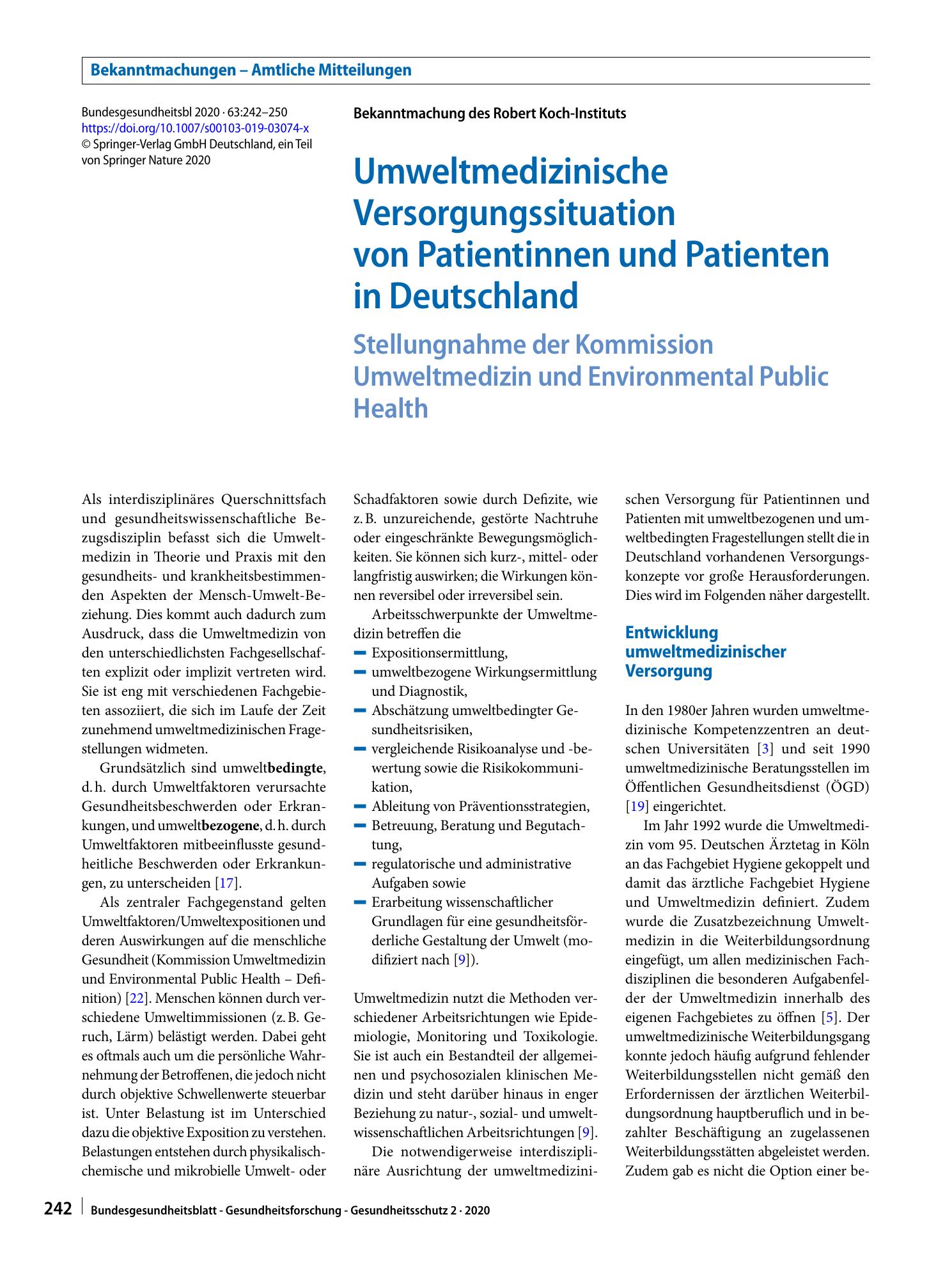 Vorschauseite 1: Umweltmedizinische Versorgungssituation von Patientinnen und Patienten in Deutschland