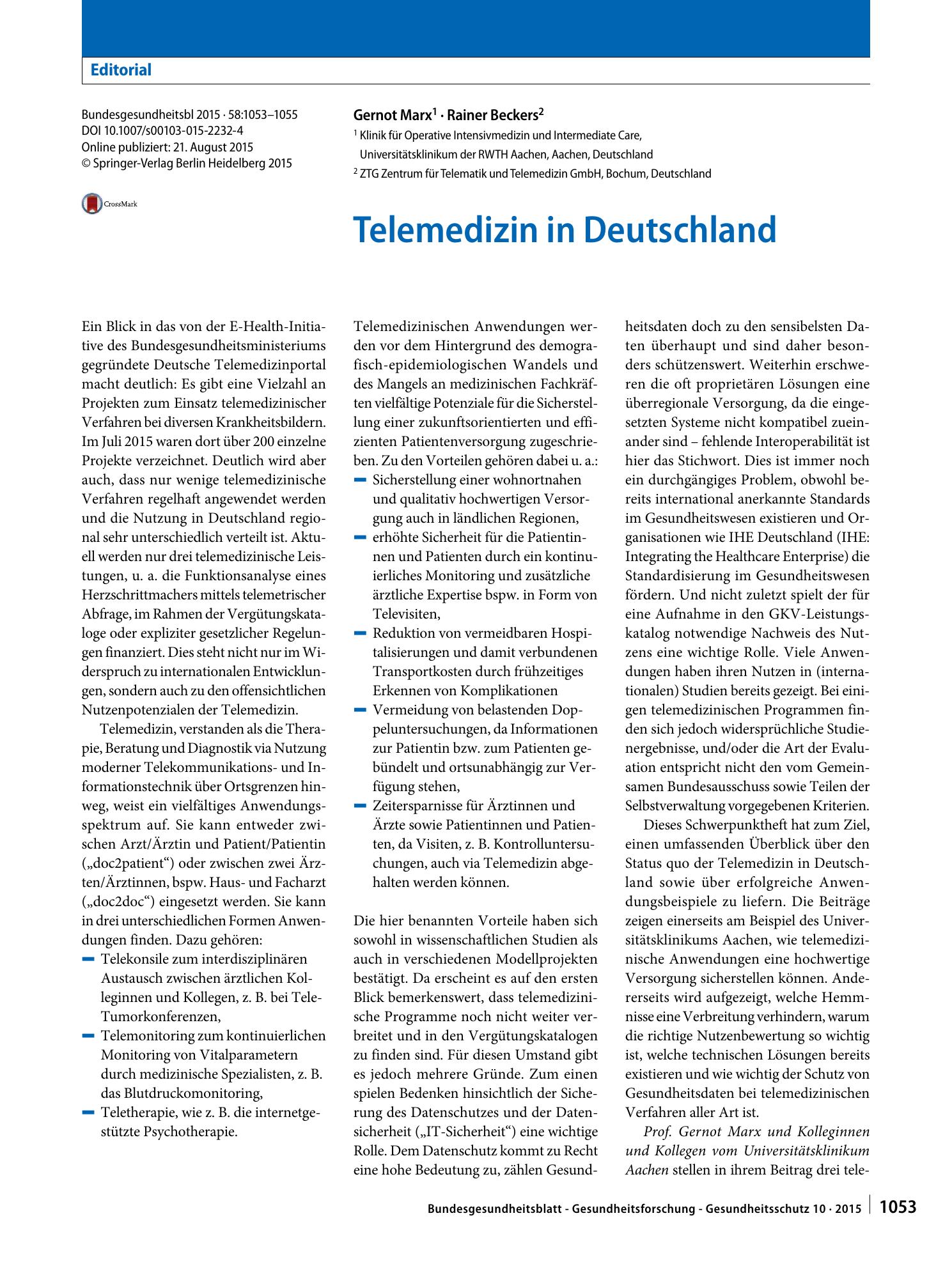 Vorschauseite 1: Telemedizin in Deutschland