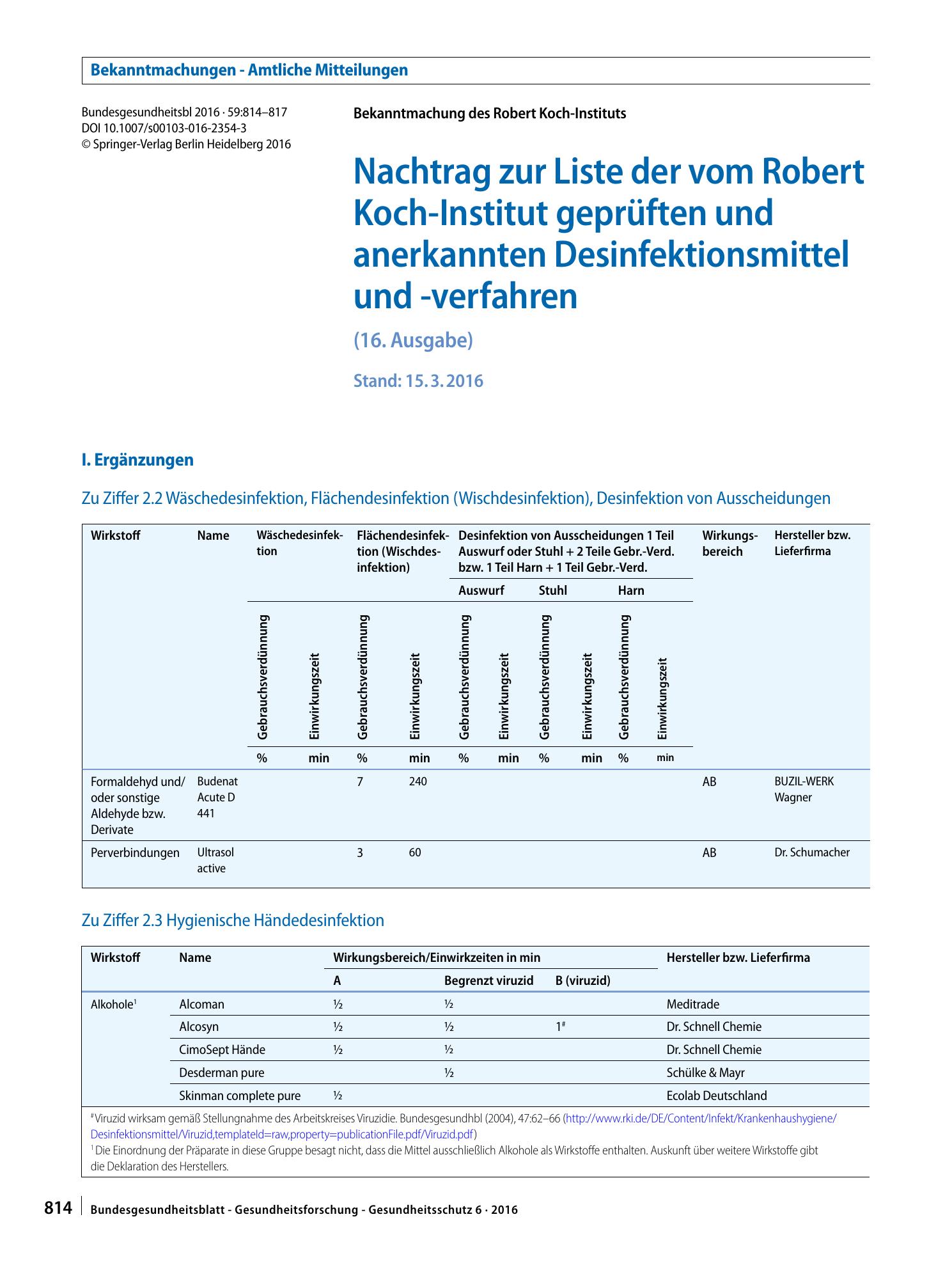 Vorschauseite 1: Nachtrag zur Liste der vom Robert Koch-Institut geprüften und anerkannten Desinfektionsmittel und -verfahren (16. Ausgabe)