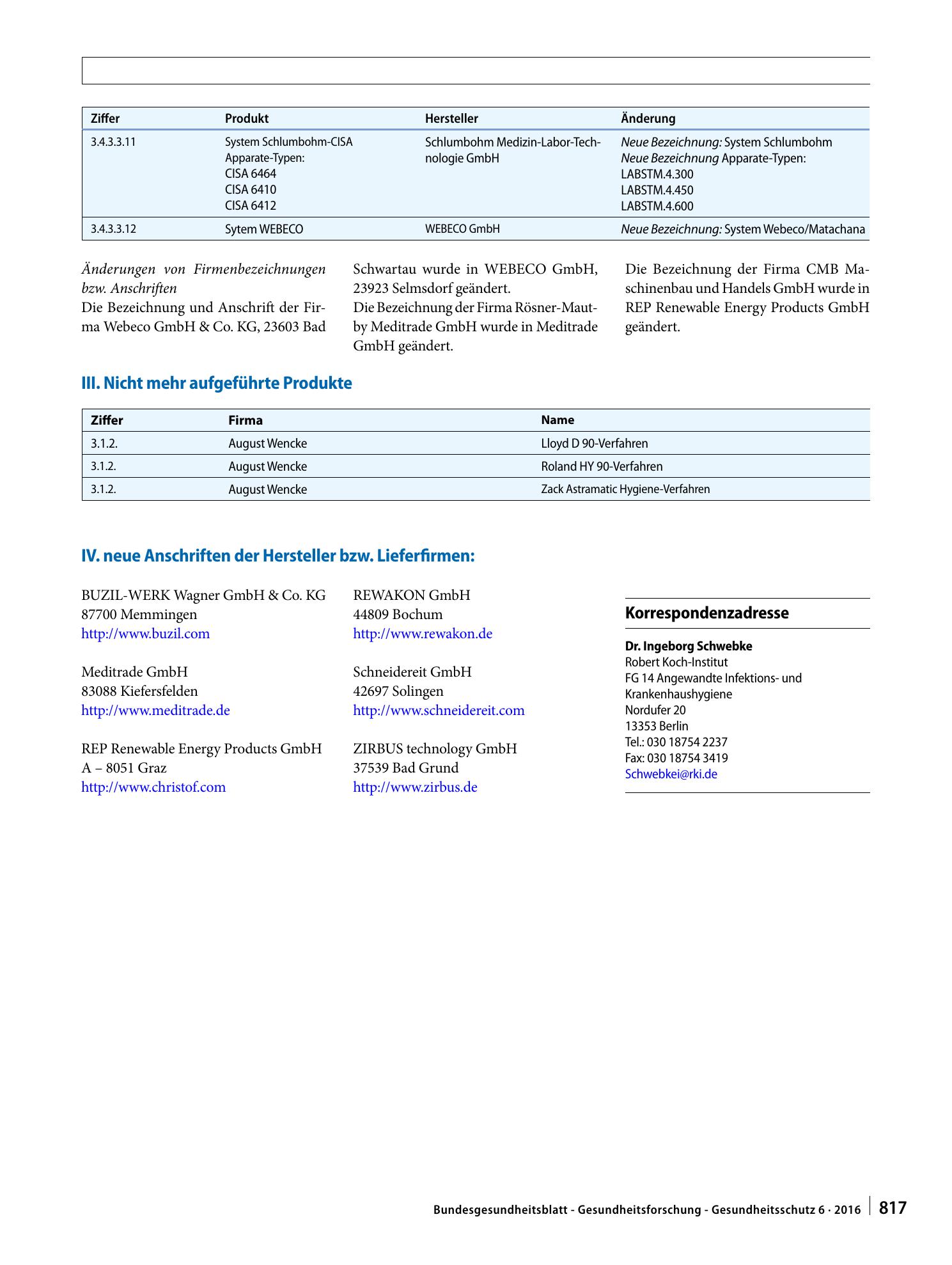 Vorschauseite 4: Nachtrag zur Liste der vom Robert Koch-Institut geprüften und anerkannten Desinfektionsmittel und -verfahren (16. Ausgabe)