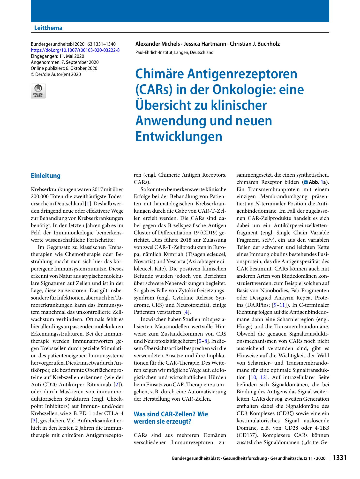 Vorschauseite 1: Chimäre Antigenrezeptoren (CARs) in der Onkologie: eine Übersicht zu klinischer Anwendung und neuen Entwicklungen