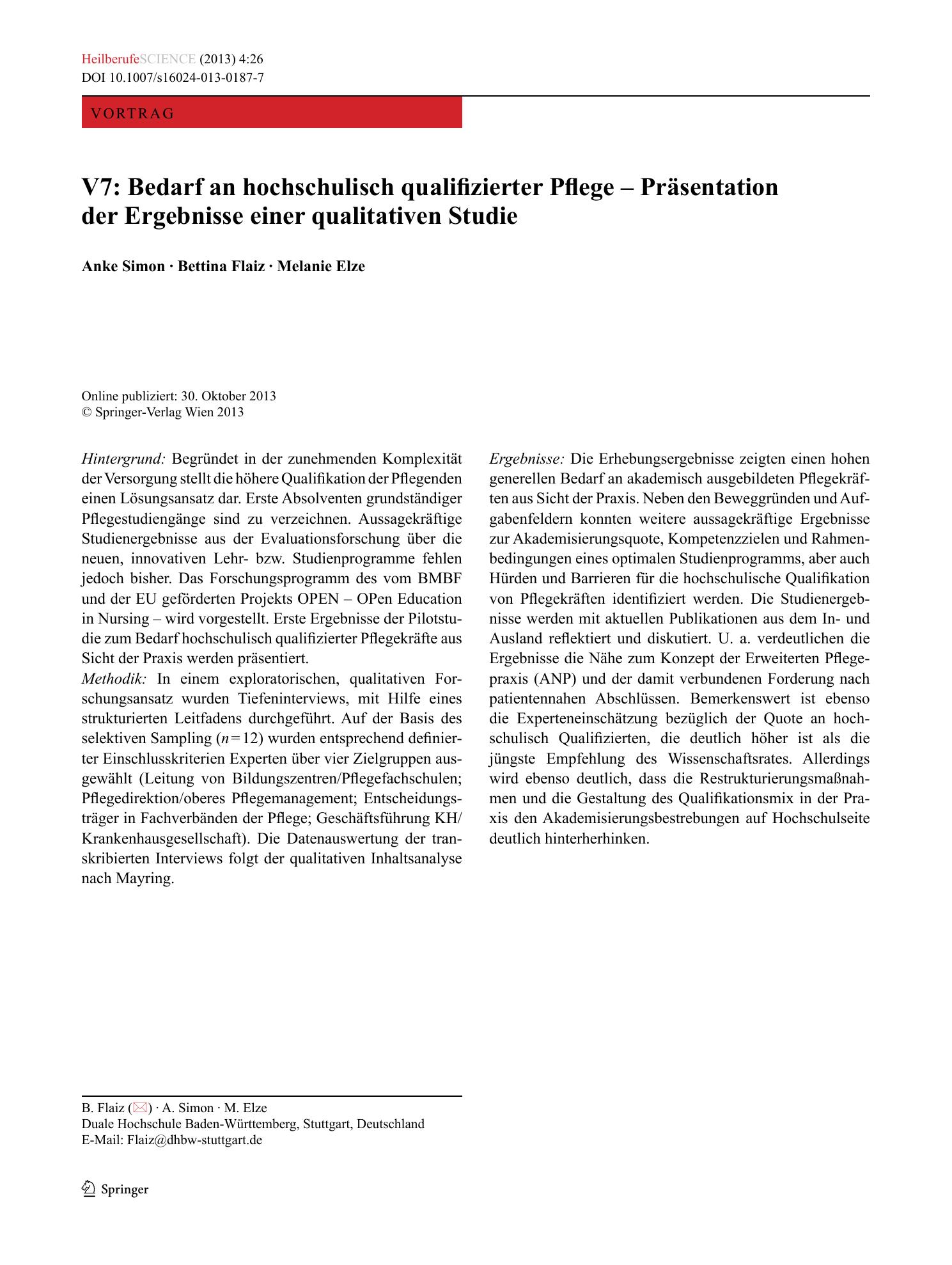 Vorschauseite 1: V7: Bedarf an hochschulisch qualifizierter Pflege – Präsentation der Ergebnisse einer qualitativen Studie