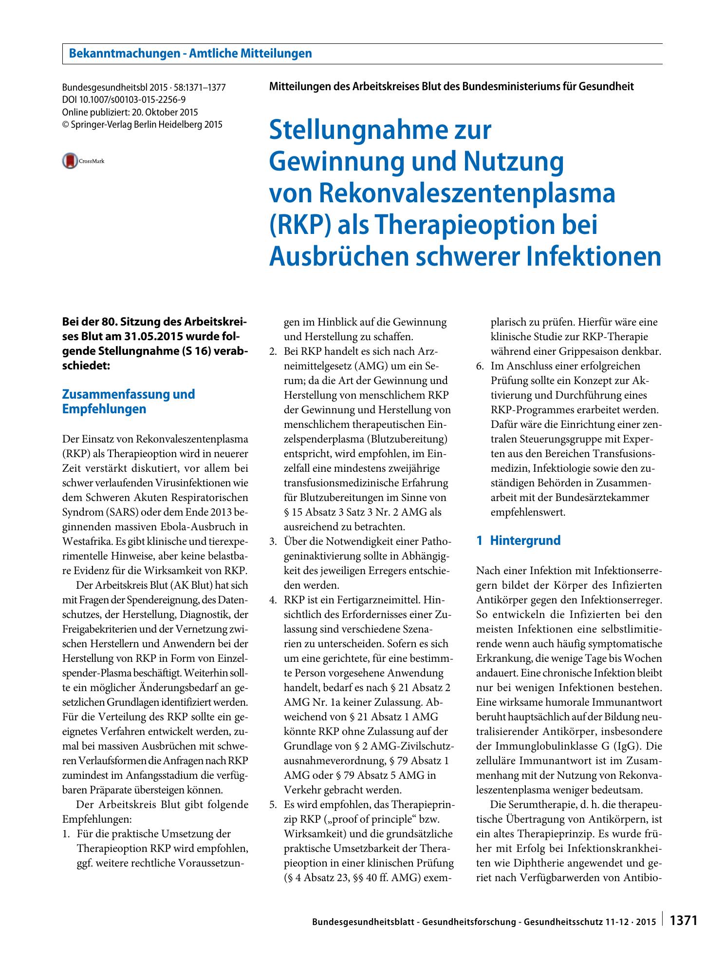 Vorschauseite 1: Stellungnahme zur Gewinnung und Nutzung von Rekonvaleszentenplasma (RKP) als Therapieoption bei Ausbrüchen schwerer Infektionen