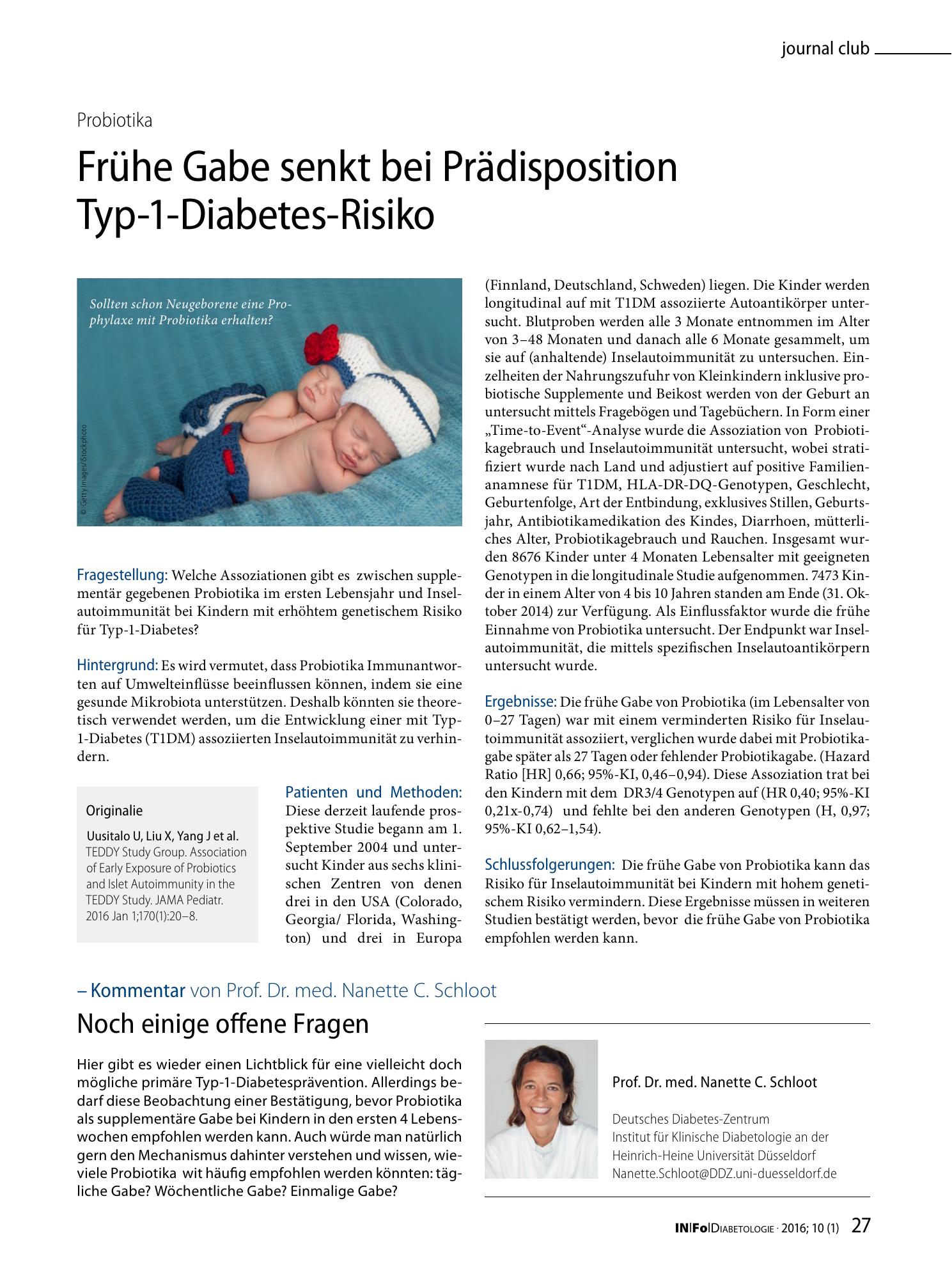 Vorschauseite 1: Frühe Gabe senkt bei Prädisposition Typ-1-Diabetes-Risiko