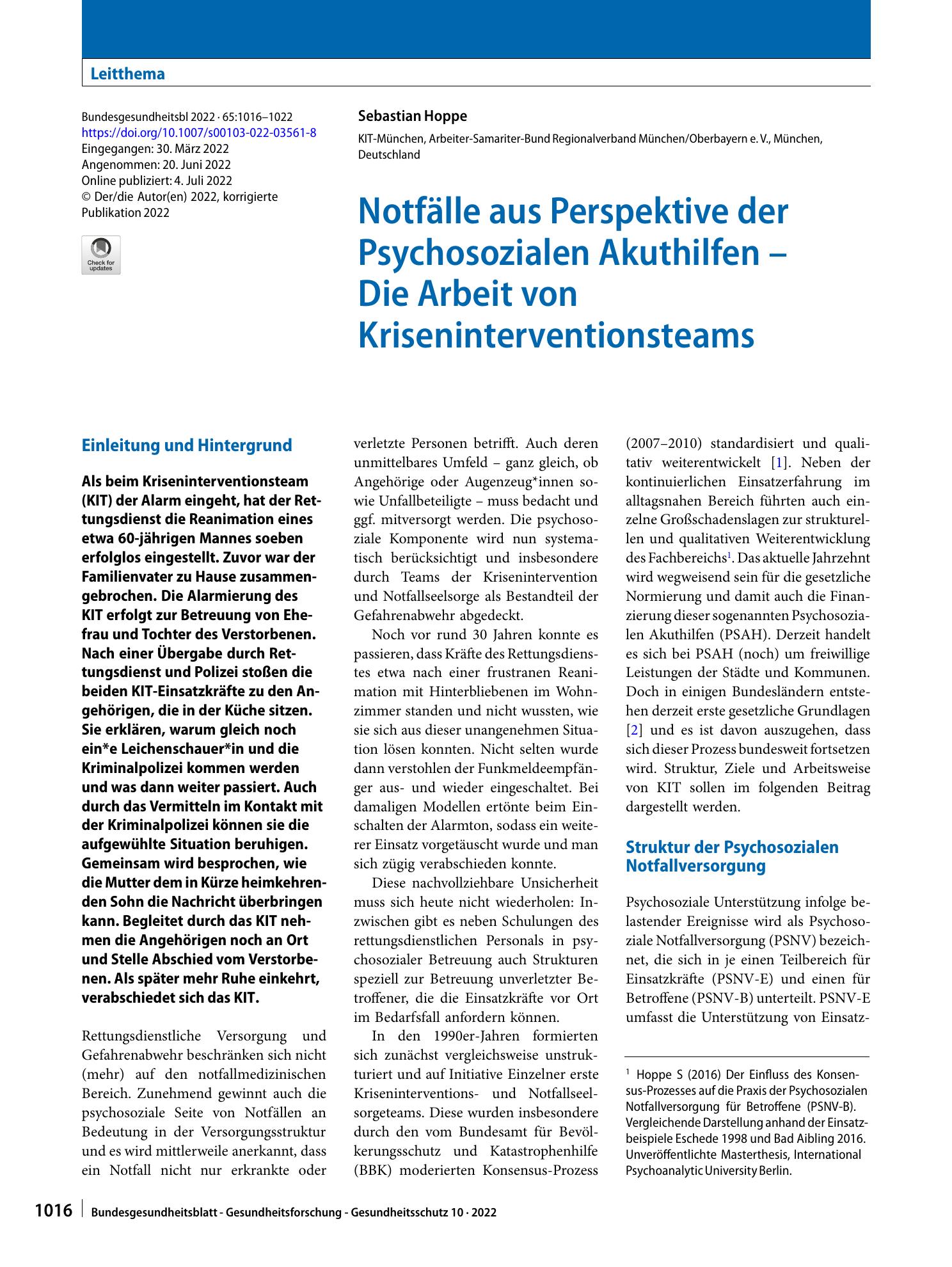 Vorschauseite 1: Notfälle aus Perspektive der Psychosozialen Akuthilfen – Die Arbeit von Kriseninterventionsteams