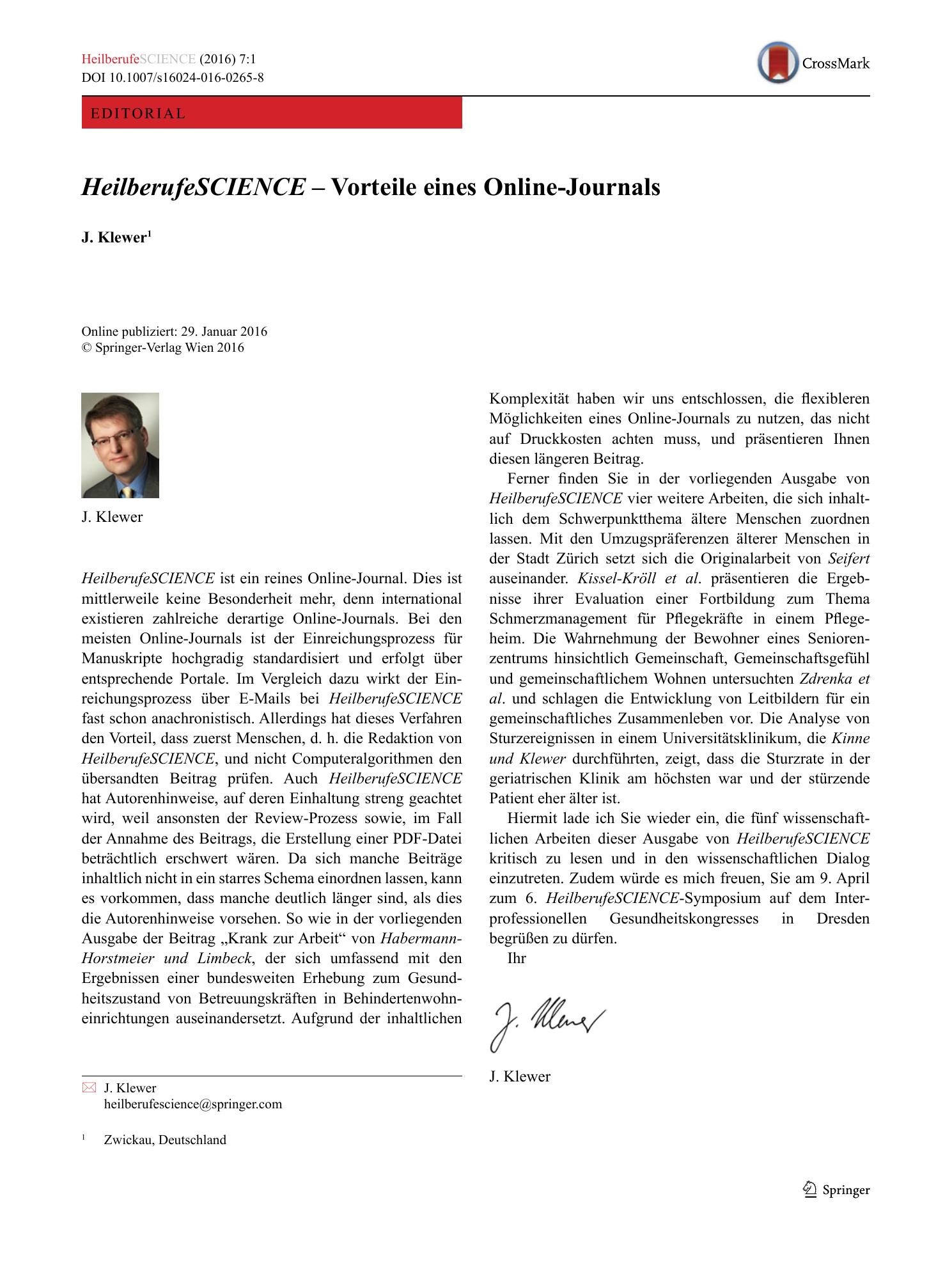 Vorschauseite 1: HeilberufeSCIENCE – Vorteile eines Online-Journals