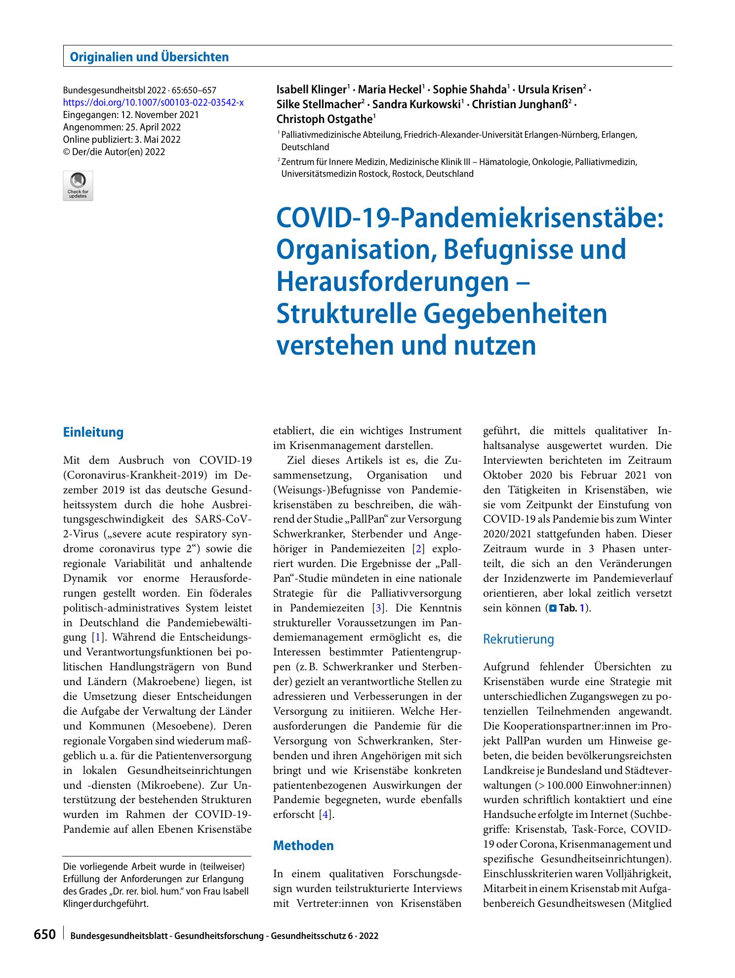 Vorschauseite 1: COVID-19-Pandemiekrisenstäbe: Organisation, Befugnisse und Herausforderungen – Strukturelle Gegebenheiten verstehen und nutzen