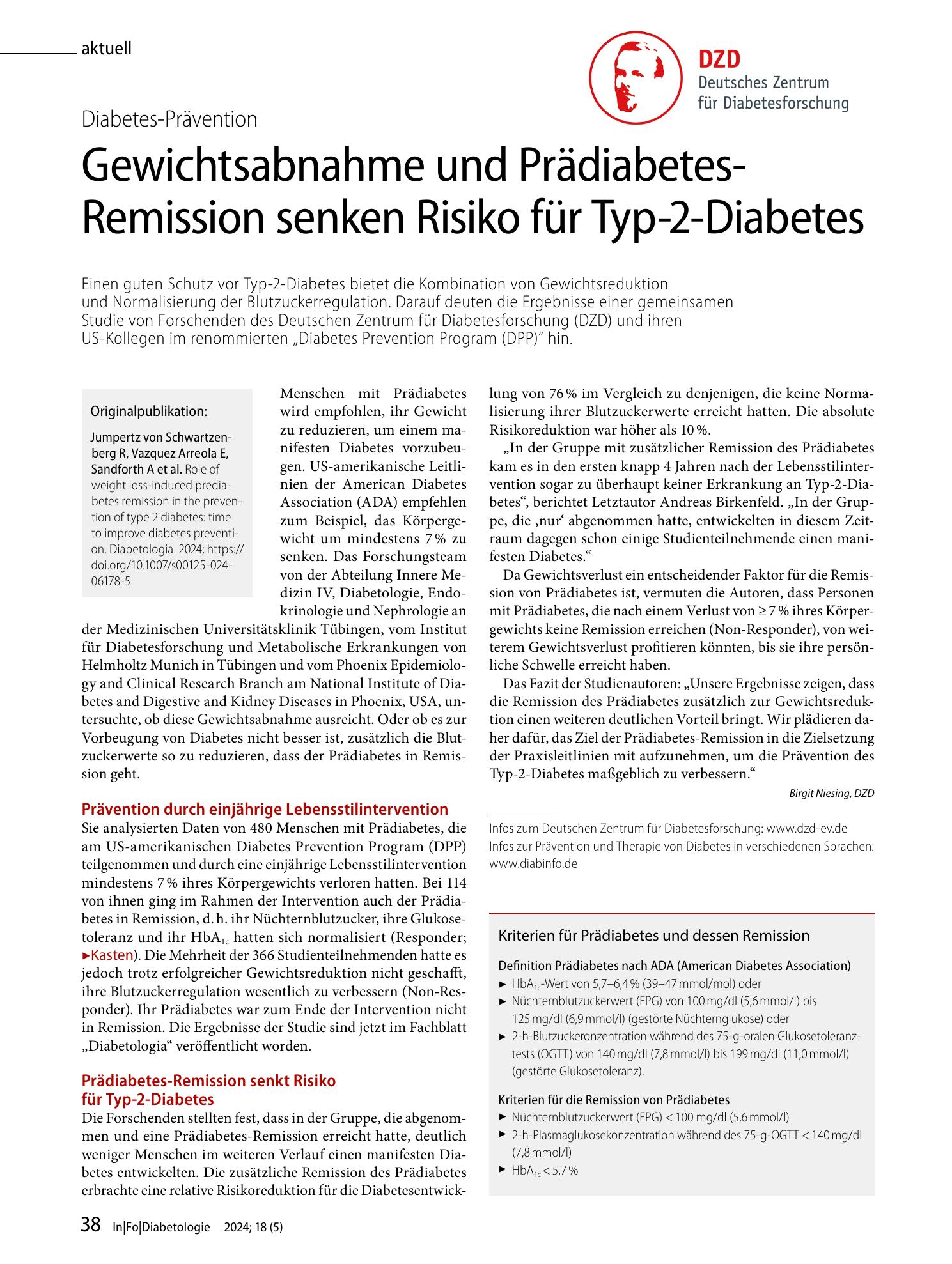 Vorschauseite 1: Gewichtsabnahme und Prädiabetes-Remission senken Risiko für Typ-2-Diabetes