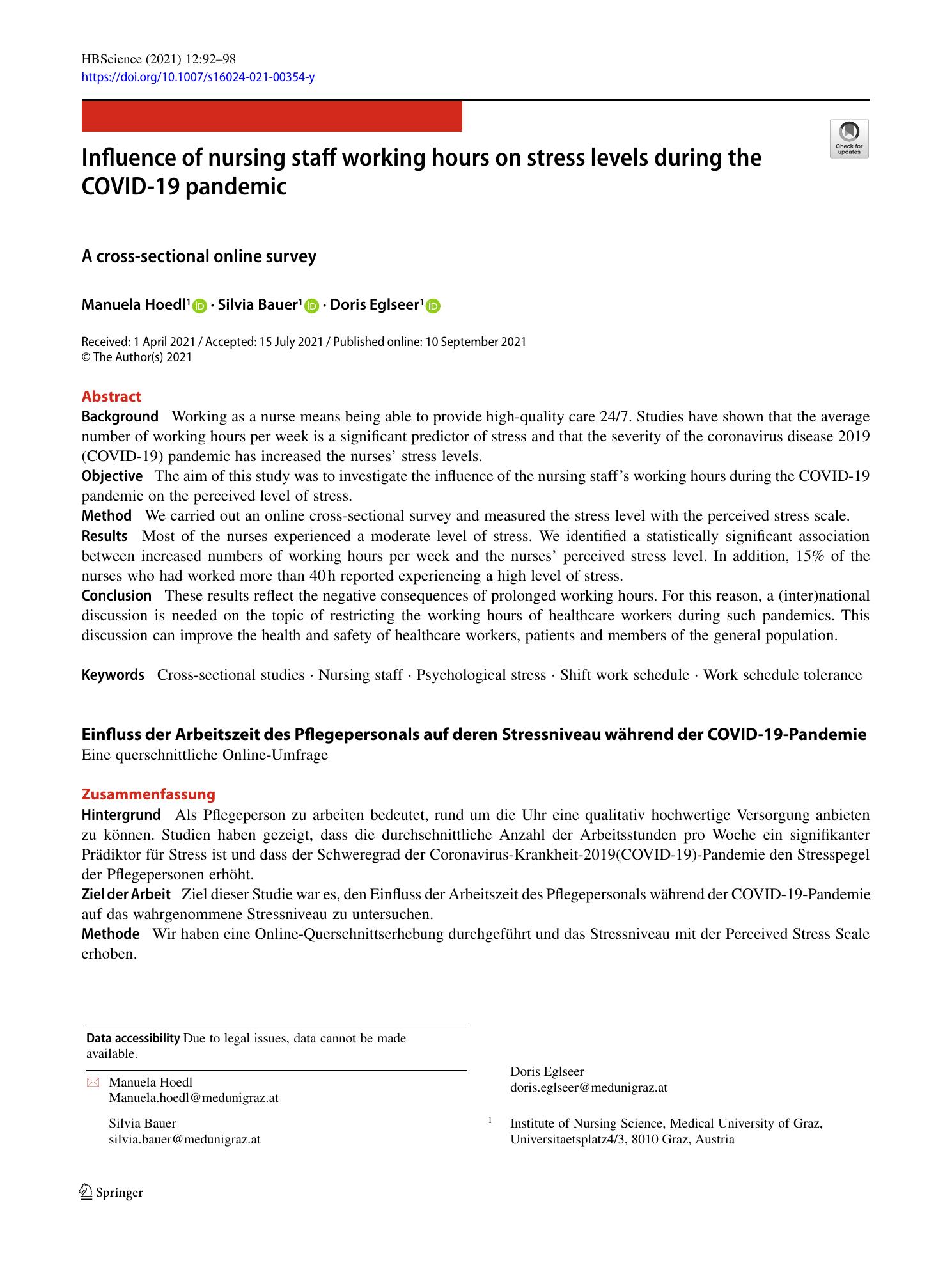 Vorschauseite 1: Influence of nursing staff working hours on stress levels during the COVID-19 pandemic