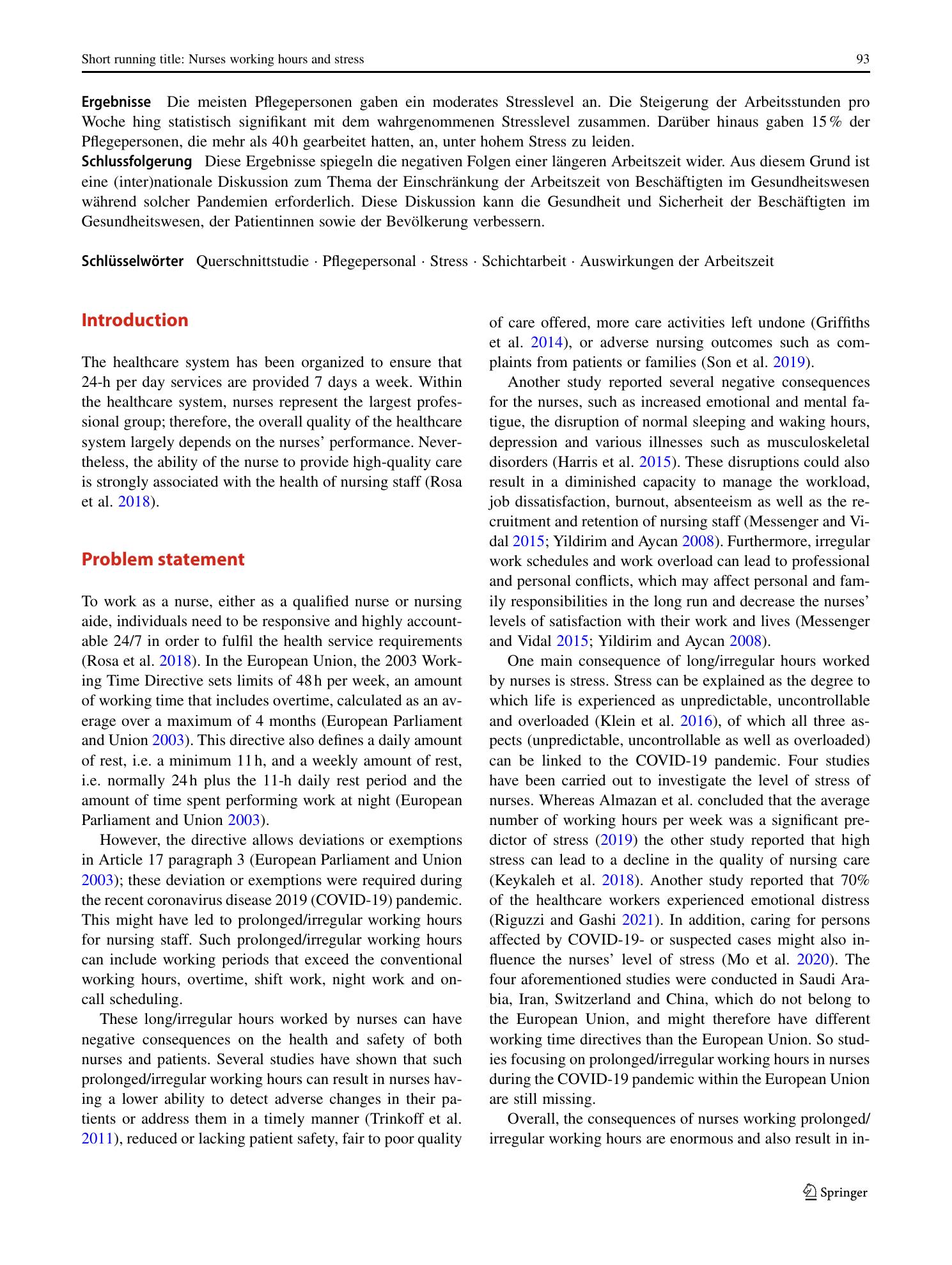 Vorschauseite 2: Influence of nursing staff working hours on stress levels during the COVID-19 pandemic
