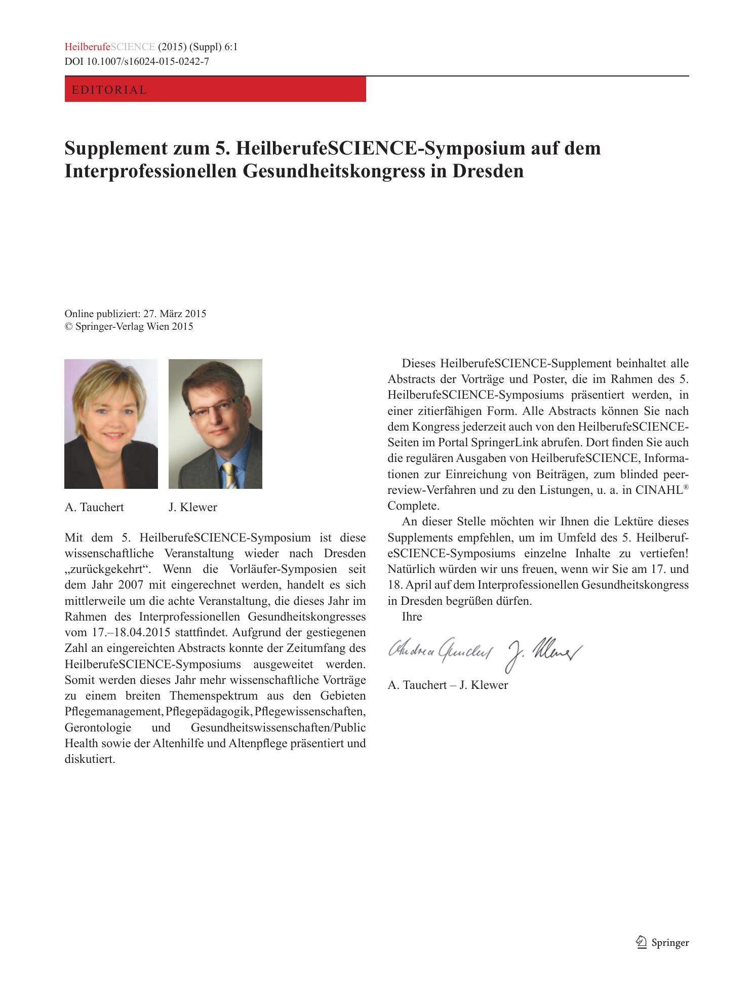 Vorschauseite 1: Supplement zum 5. HeilberufeSCIENCE-Symposium auf dem Interprofessionellen Gesundheitskongress in Dresden