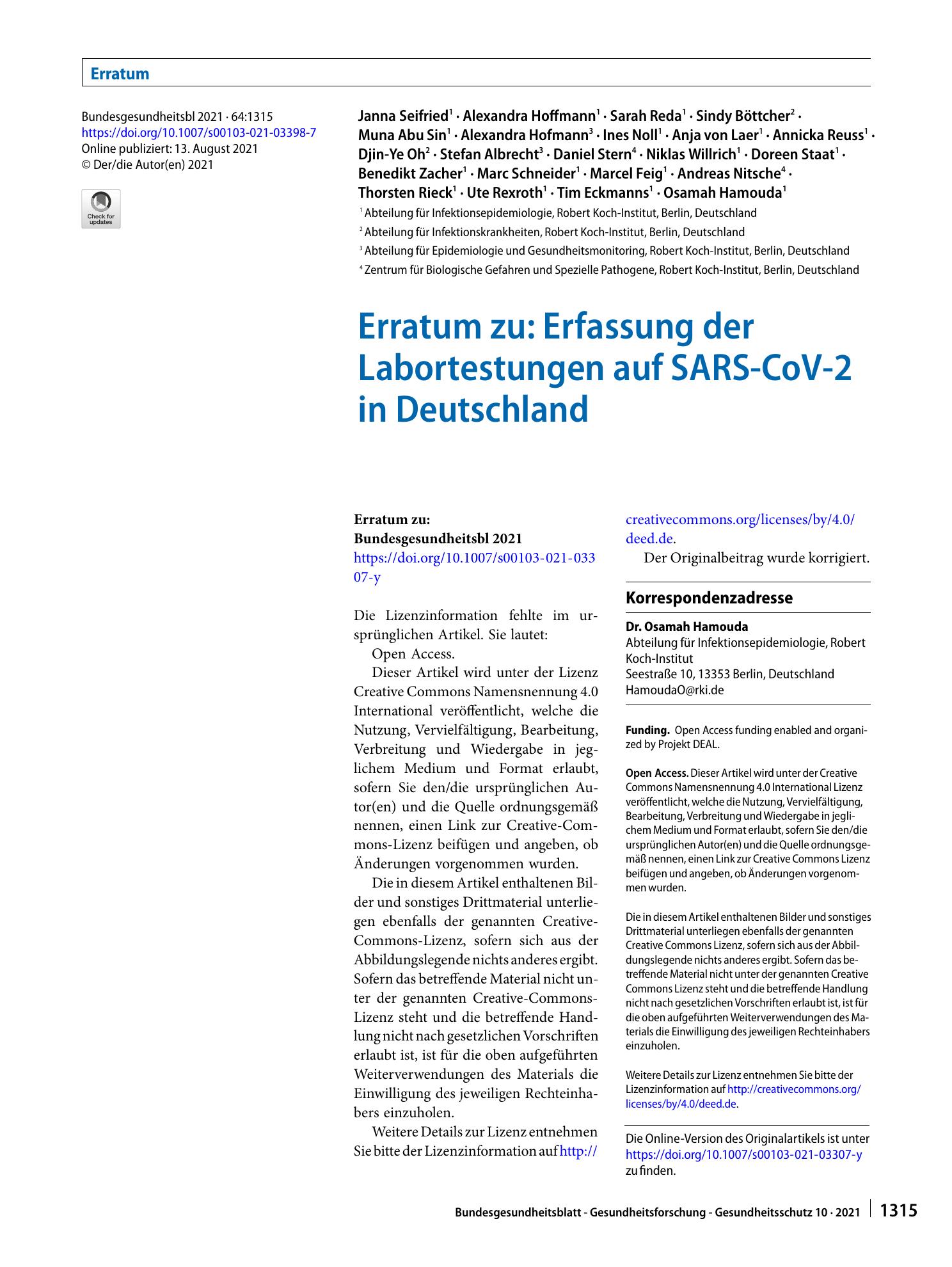 Vorschauseite 1: Erratum zu: Erfassung der Labortestungen auf SARS-CoV-2 in Deutschland