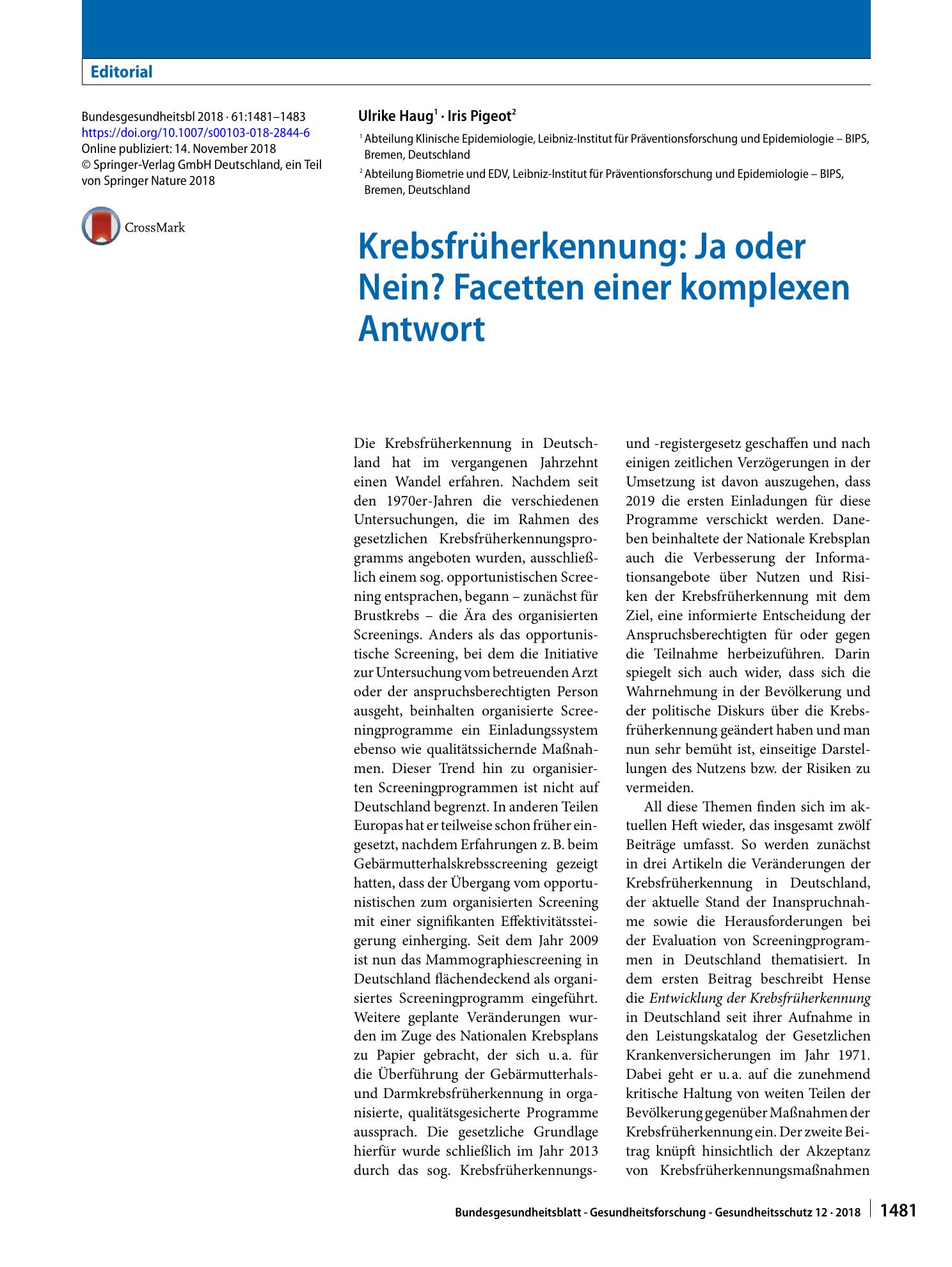 Vorschauseite 1: Krebsfrüherkennung: Ja oder Nein? Facetten einer komplexen Antwort