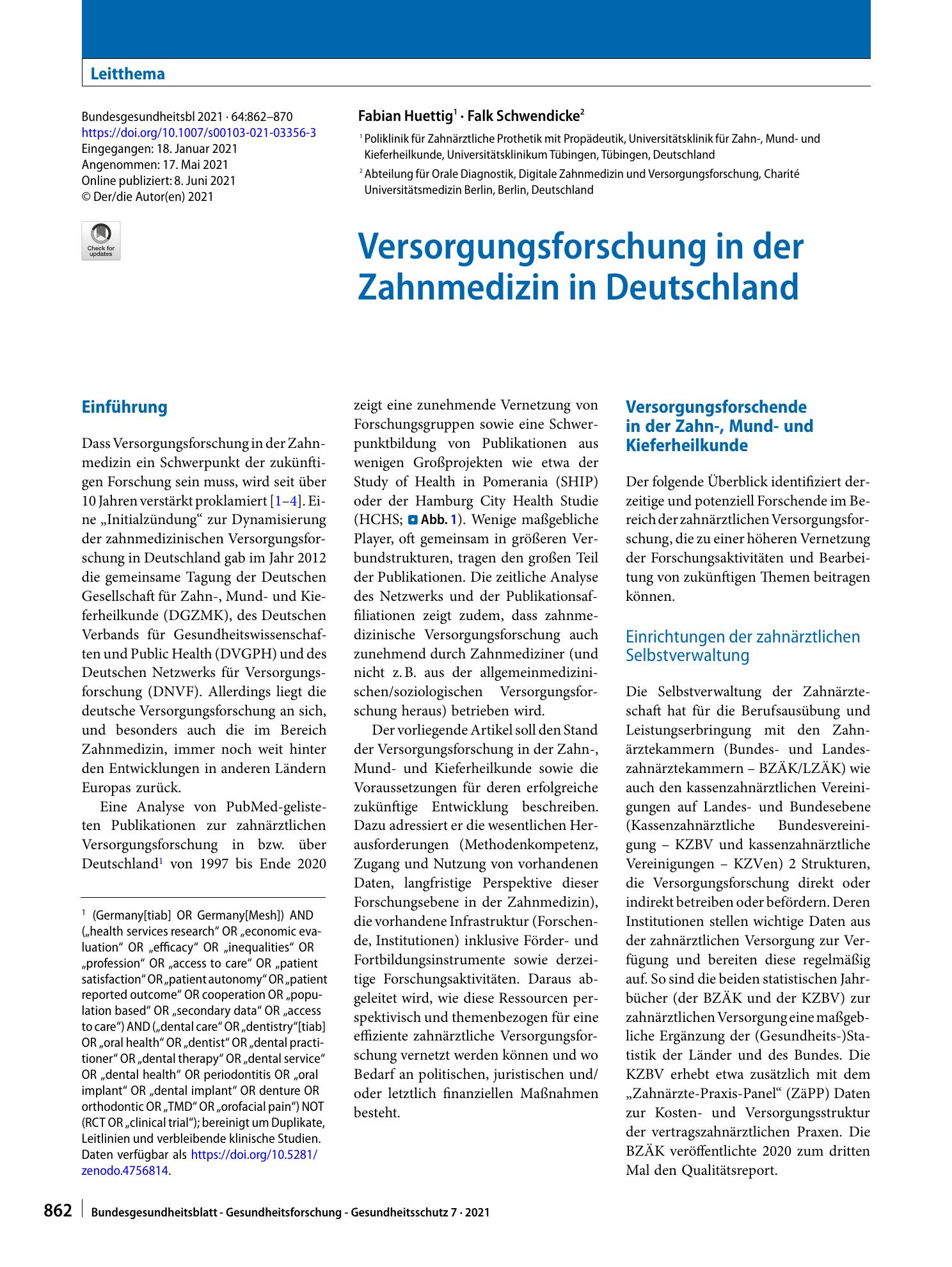 Vorschauseite 1: Versorgungsforschung in der Zahnmedizin in Deutschland