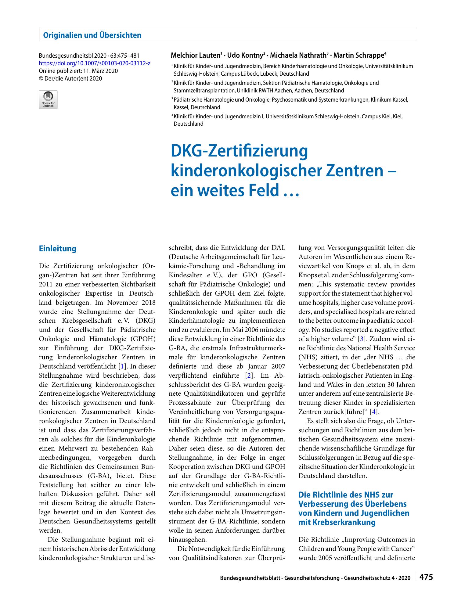Vorschauseite 1: DKG-Zertifizierung kinderonkologischer Zentren – ein weites Feld …