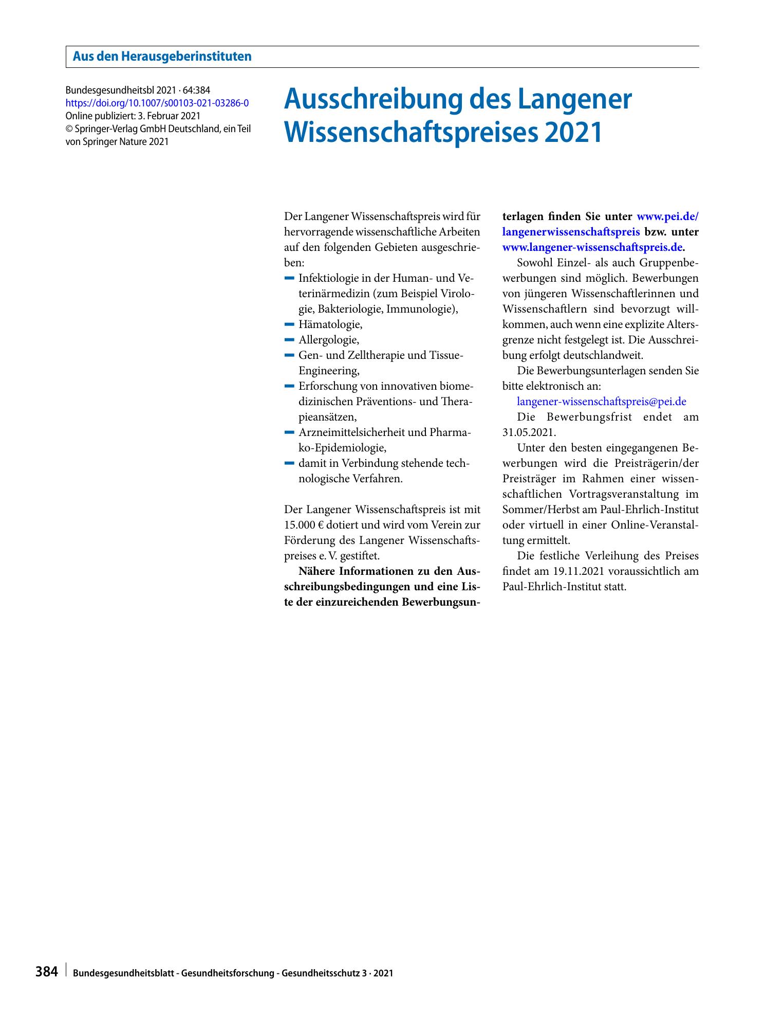 Vorschauseite 1: Ausschreibung des Langener Wissenschaftspreises 2021