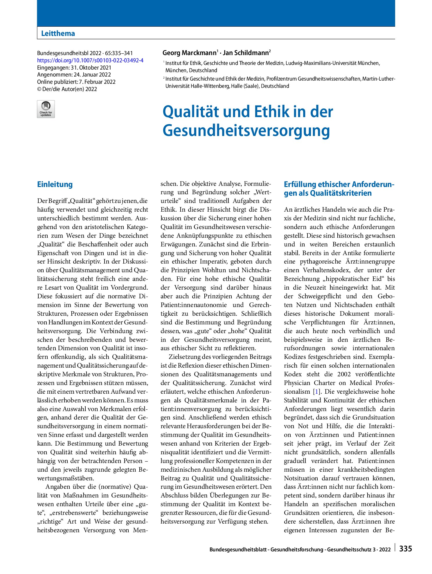 Vorschauseite 1: Qualität und Ethik in der Gesundheitsversorgung