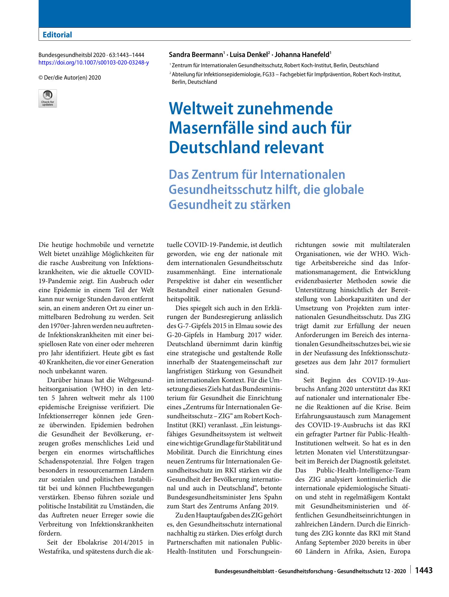 Vorschauseite 1: Weltweit zunehmende Masernfälle sind auch für Deutschland relevant