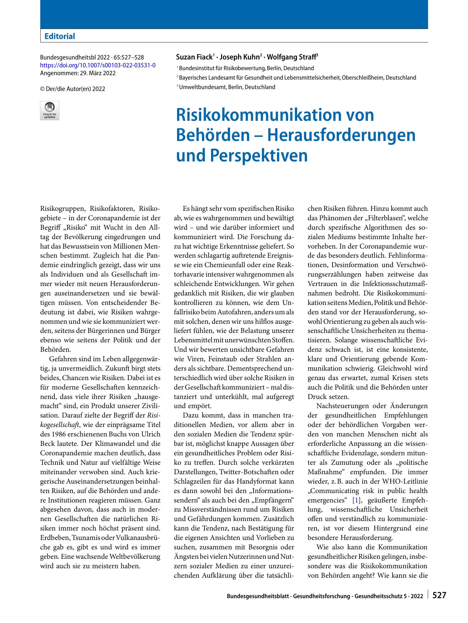 Vorschauseite 1: Risikokommunikation von Behörden – Herausforderungen und Perspektiven