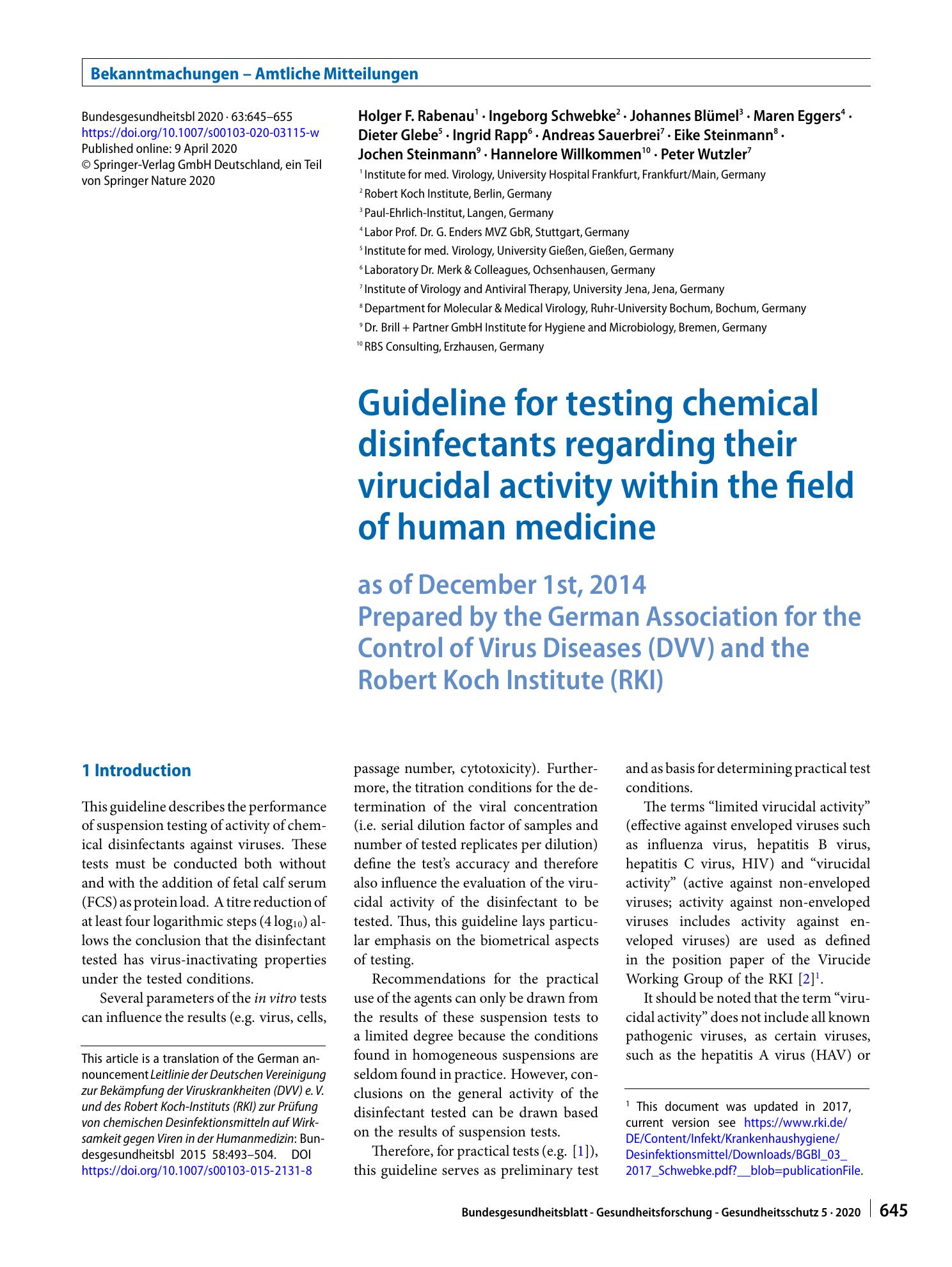 Vorschauseite 1: Guideline for testing chemical disinfectants regarding their virucidal activity within the field of human medicine