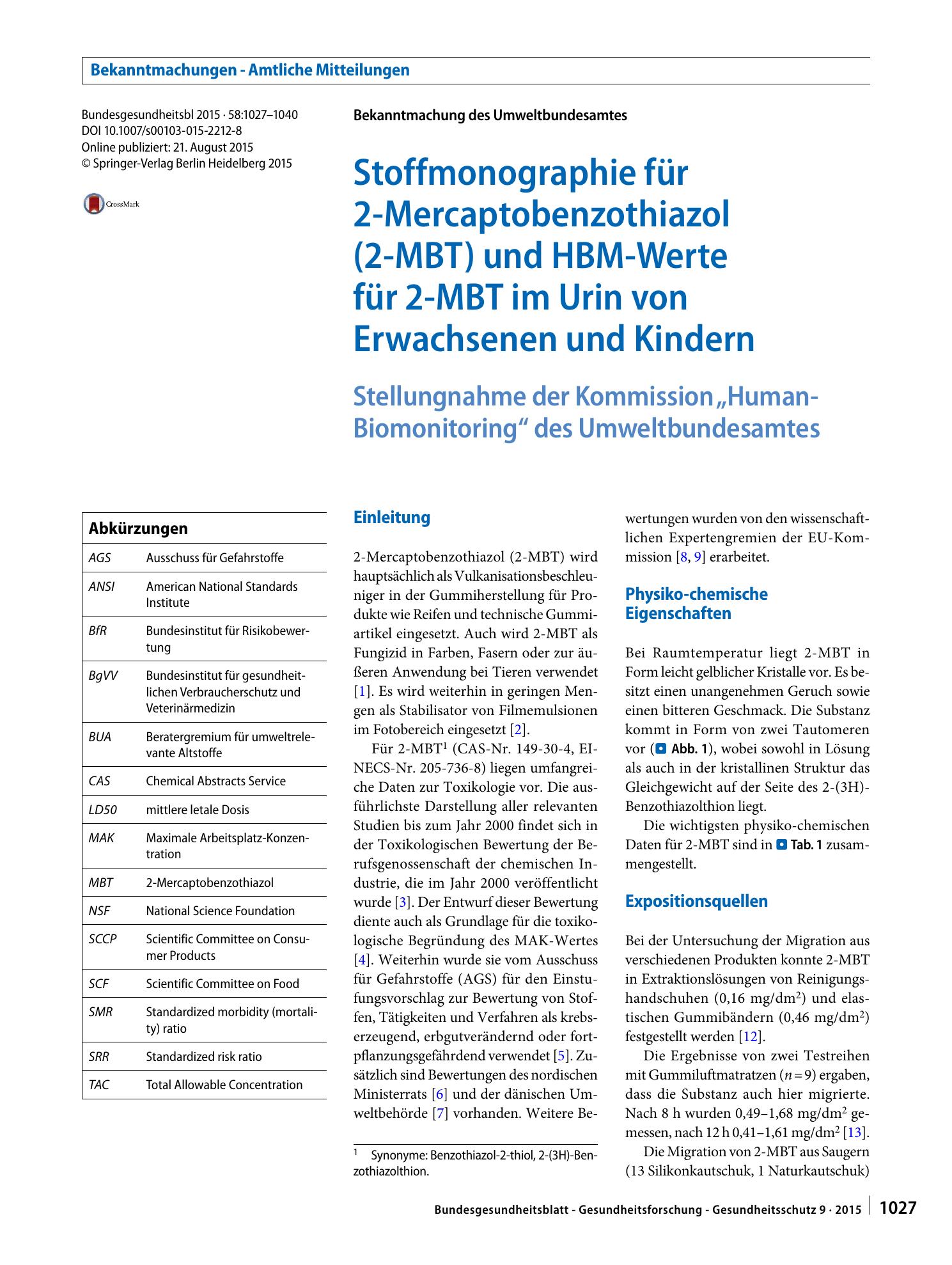 Vorschauseite 1: Stoffmonographie für 2-Mercaptobenzothiazol (2-MBT) und HBM-Werte für 2-MBT im Urin von Erwachsenen und Kindern